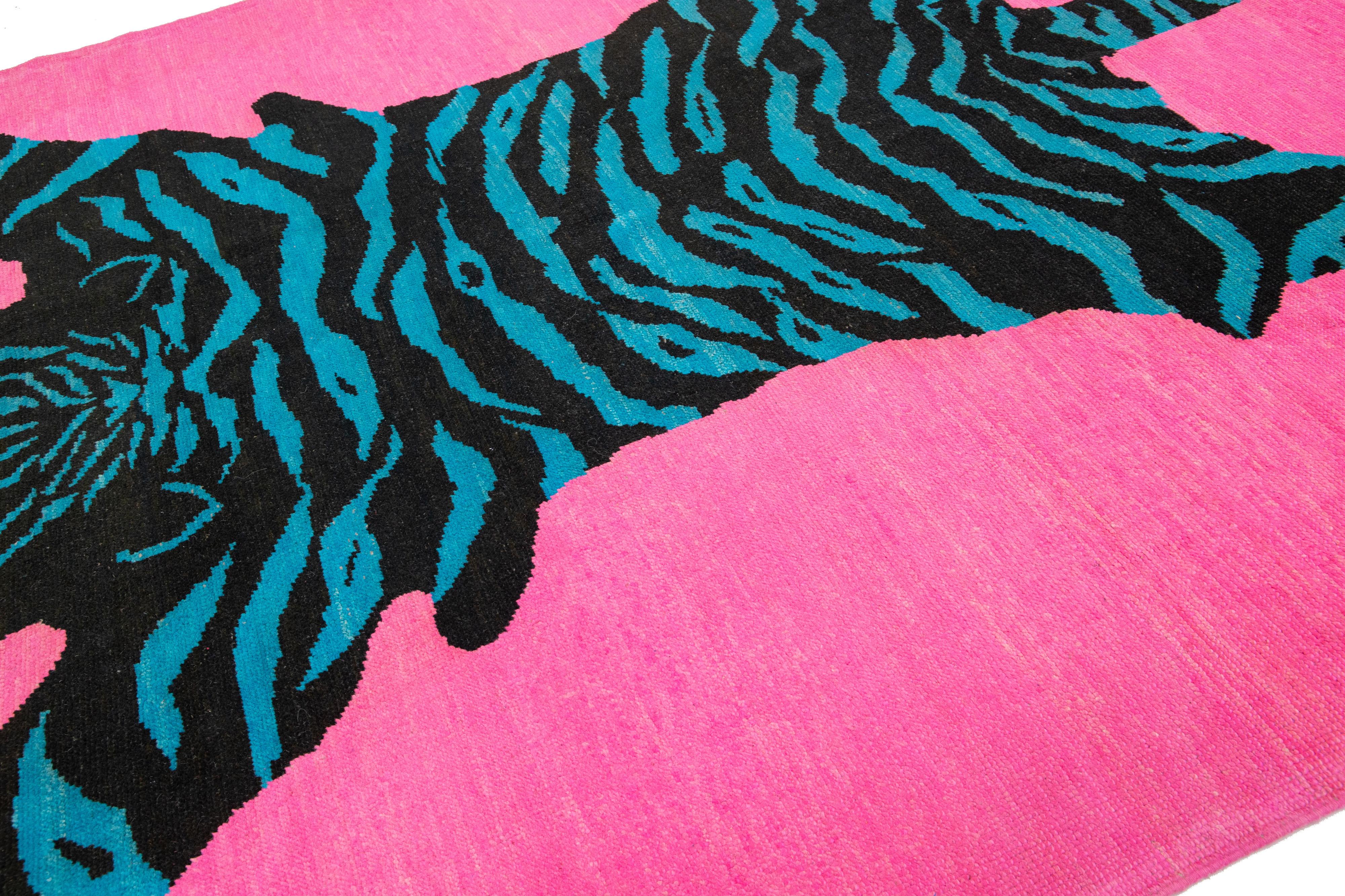 Tiger Designed Hand-Knotted Turkish Wool Rug In Pink In New Condition For Sale In Norwalk, CT