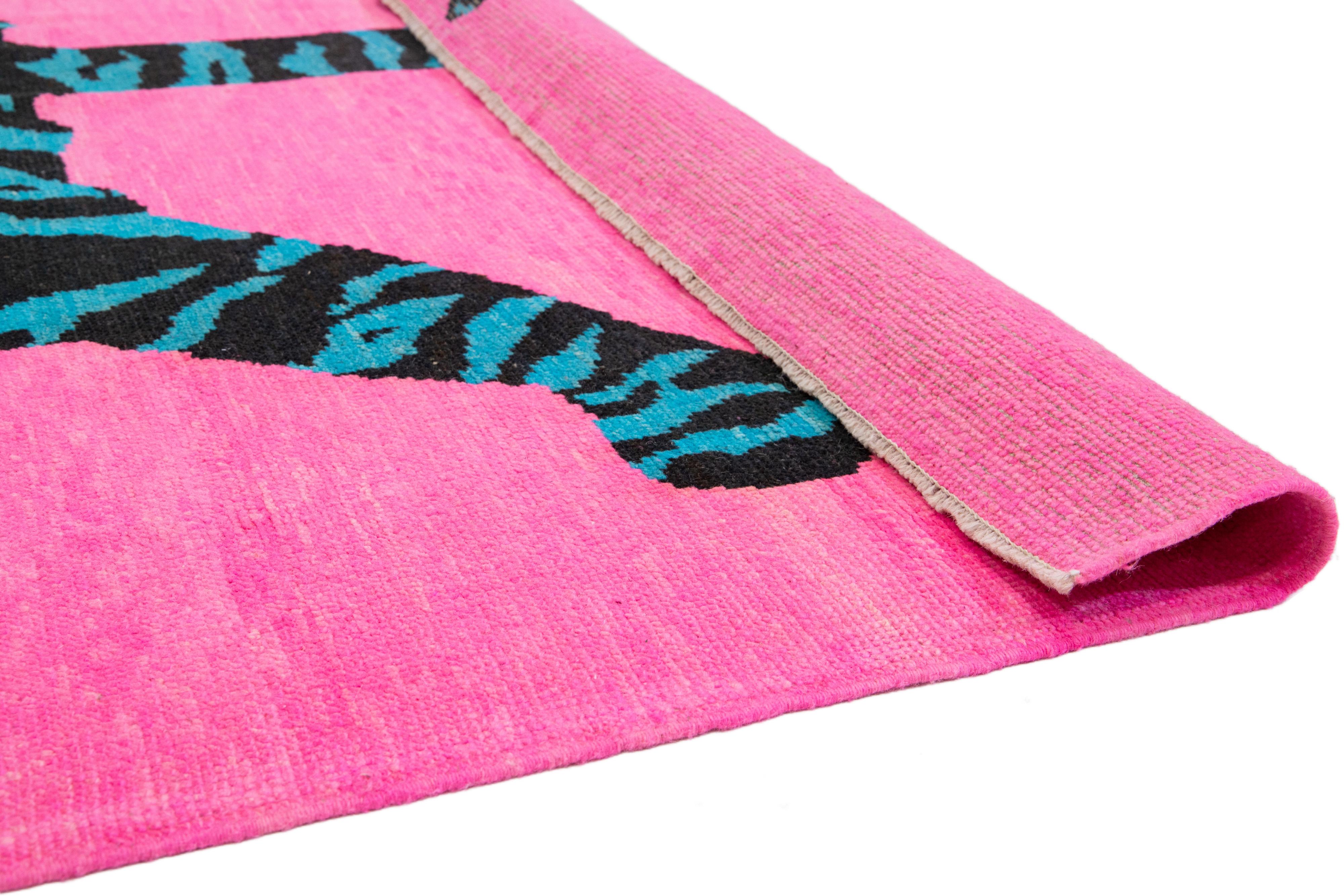 Contemporary Tiger Designed Hand-Knotted Turkish Wool Rug In Pink For Sale