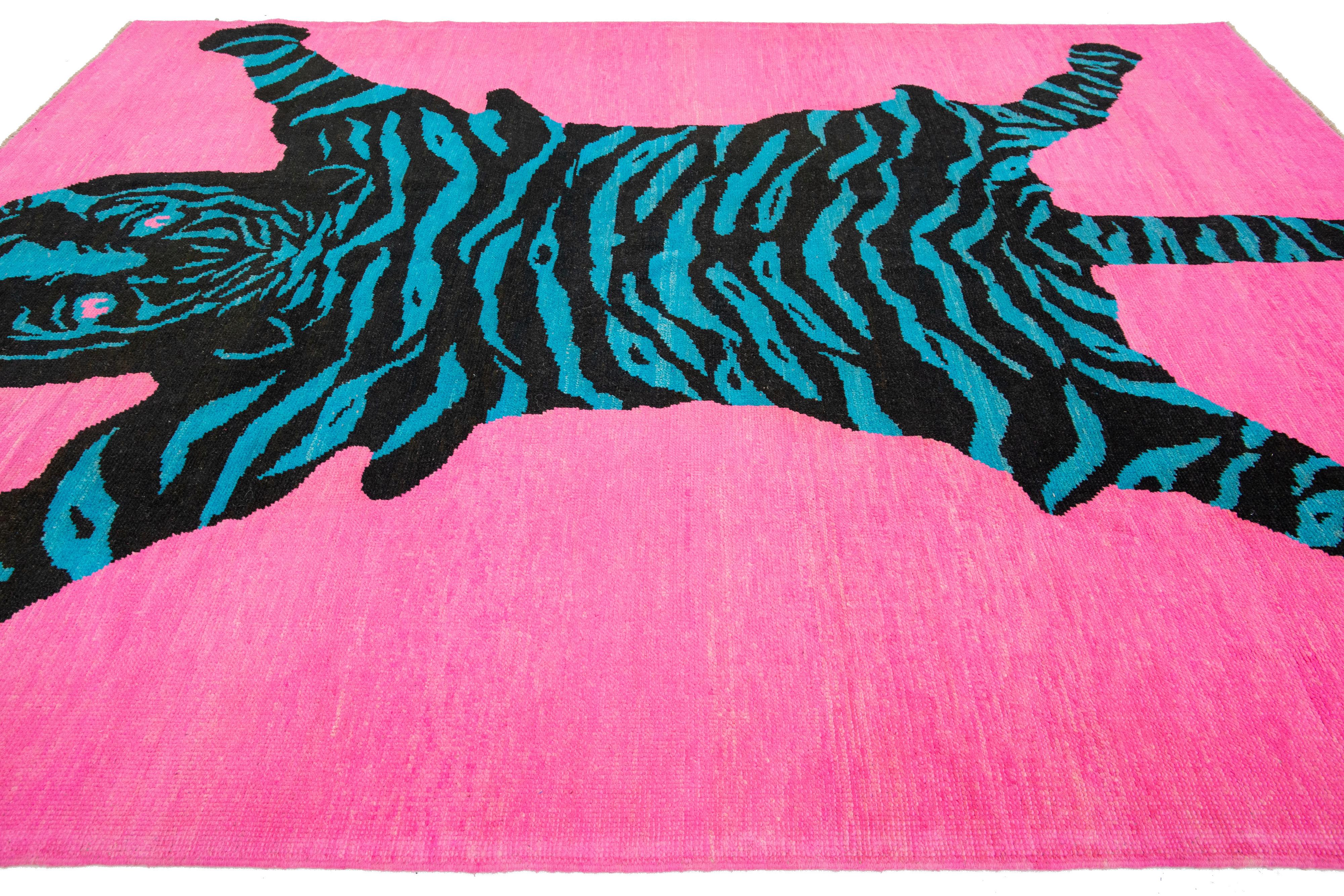 Tiger Designed Hand-Knotted Turkish Wool Rug In Pink For Sale 1