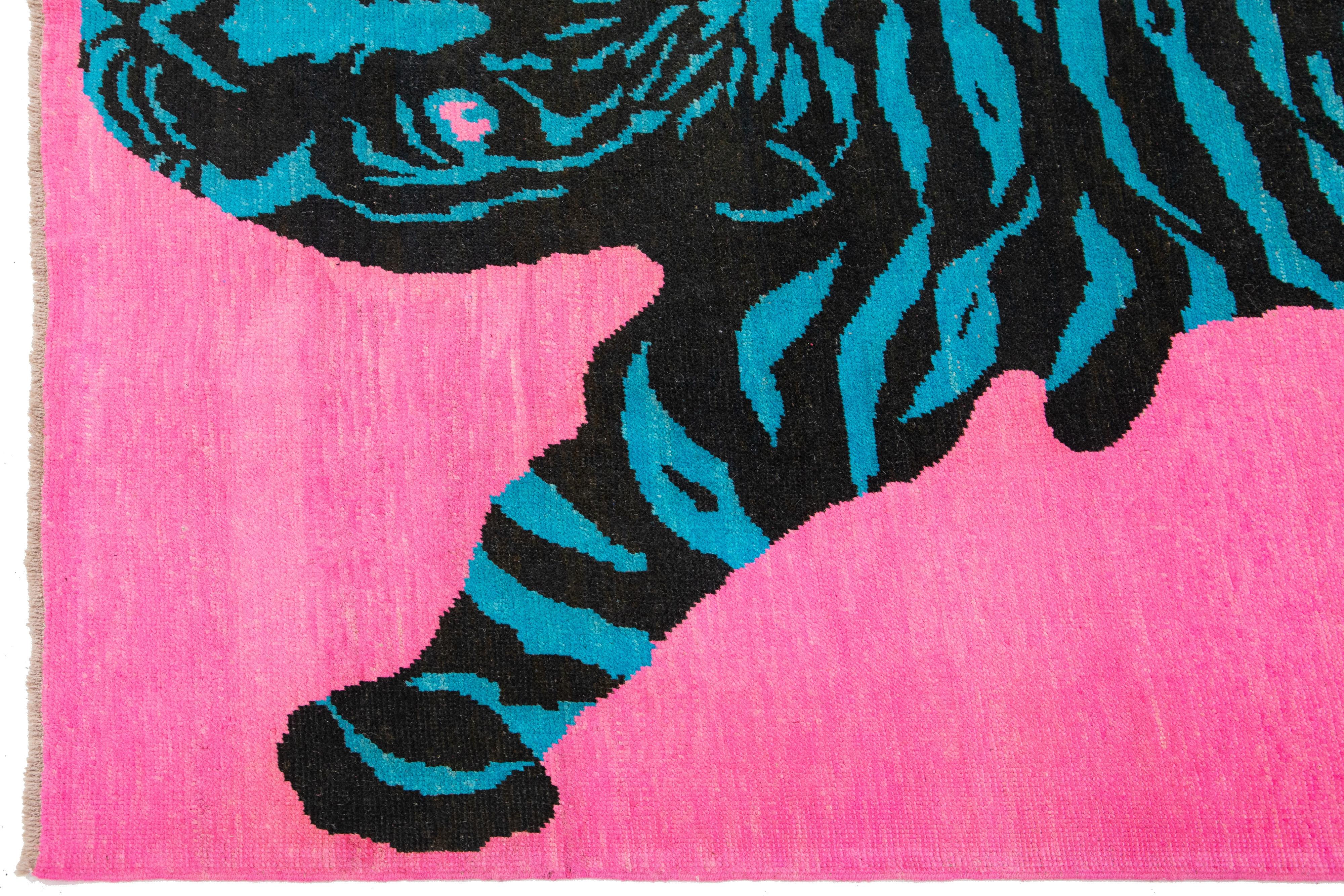 Tiger Designed Hand-Knotted Turkish Wool Rug In Pink For Sale 2