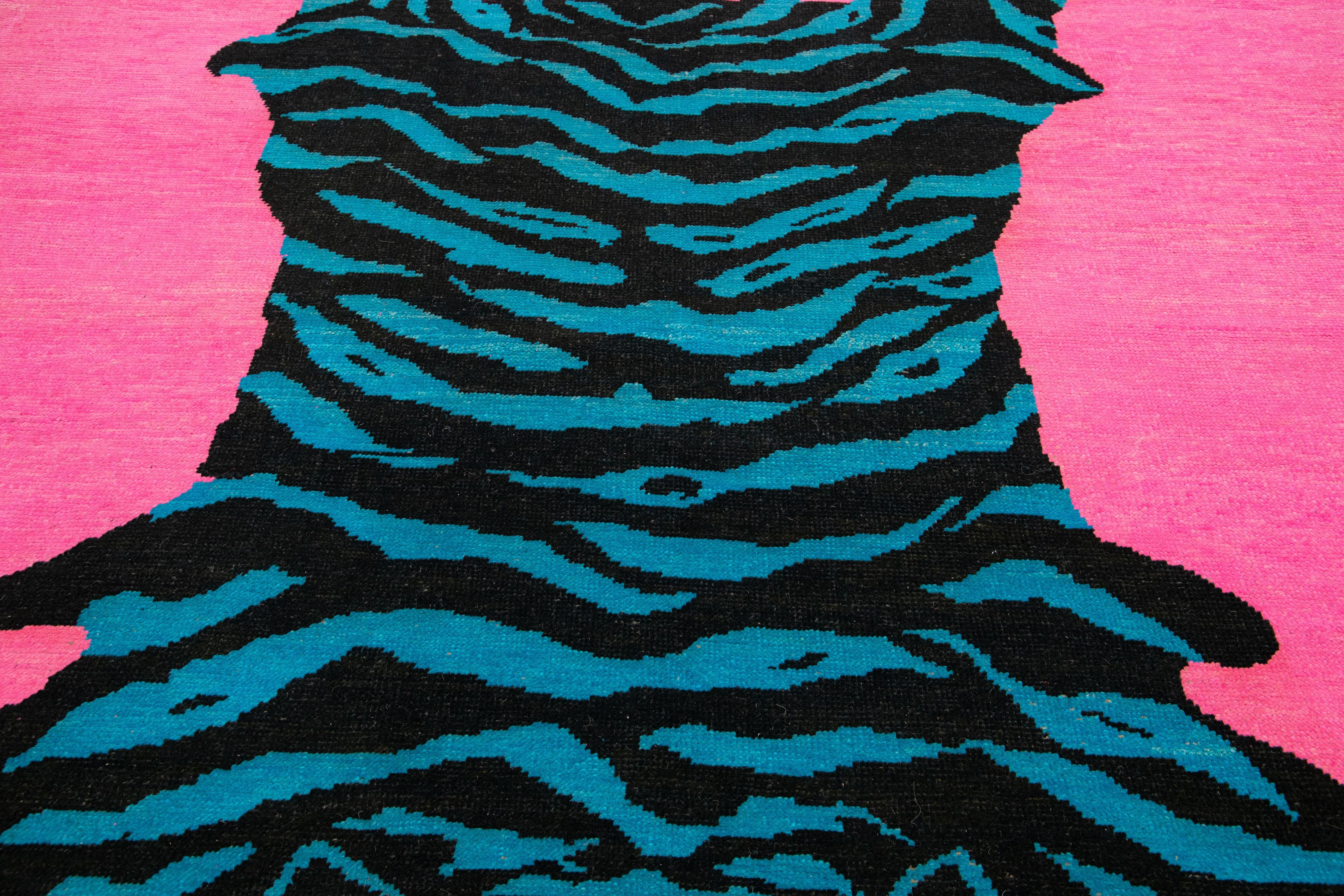 Tiger Designed Hand-Knotted Turkish Wool Rug In Pink For Sale 3