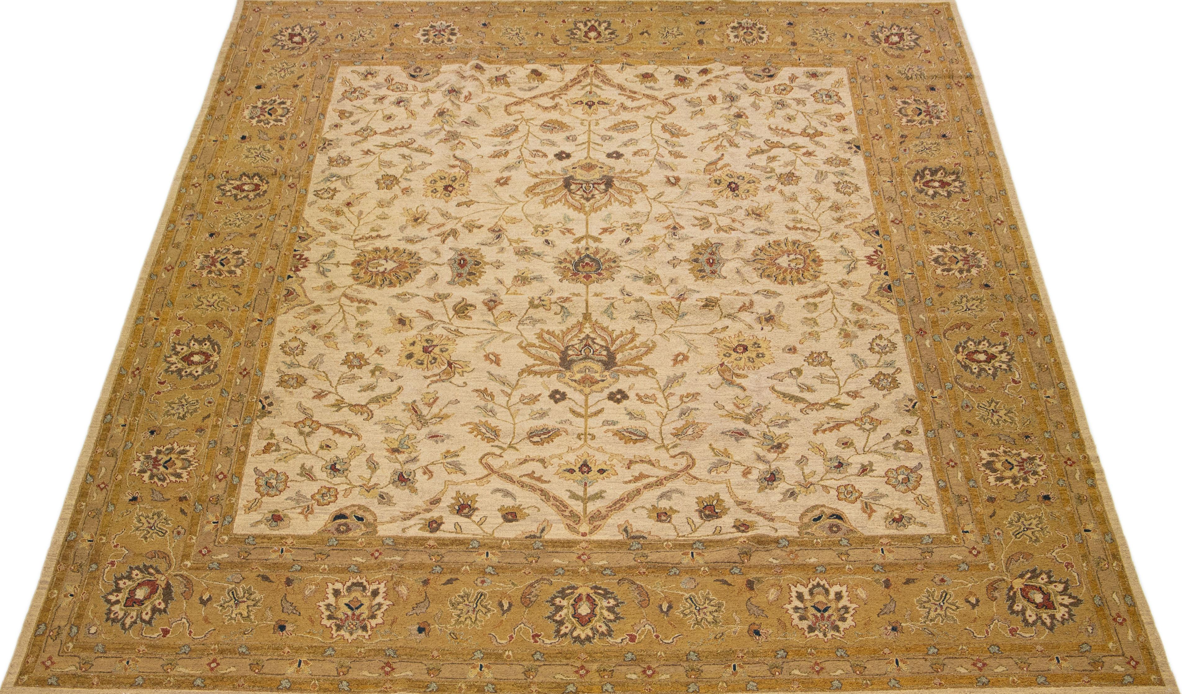 Indian Designed Modern Peshawar Handmade Oversize Wool Rug In Beige  For Sale