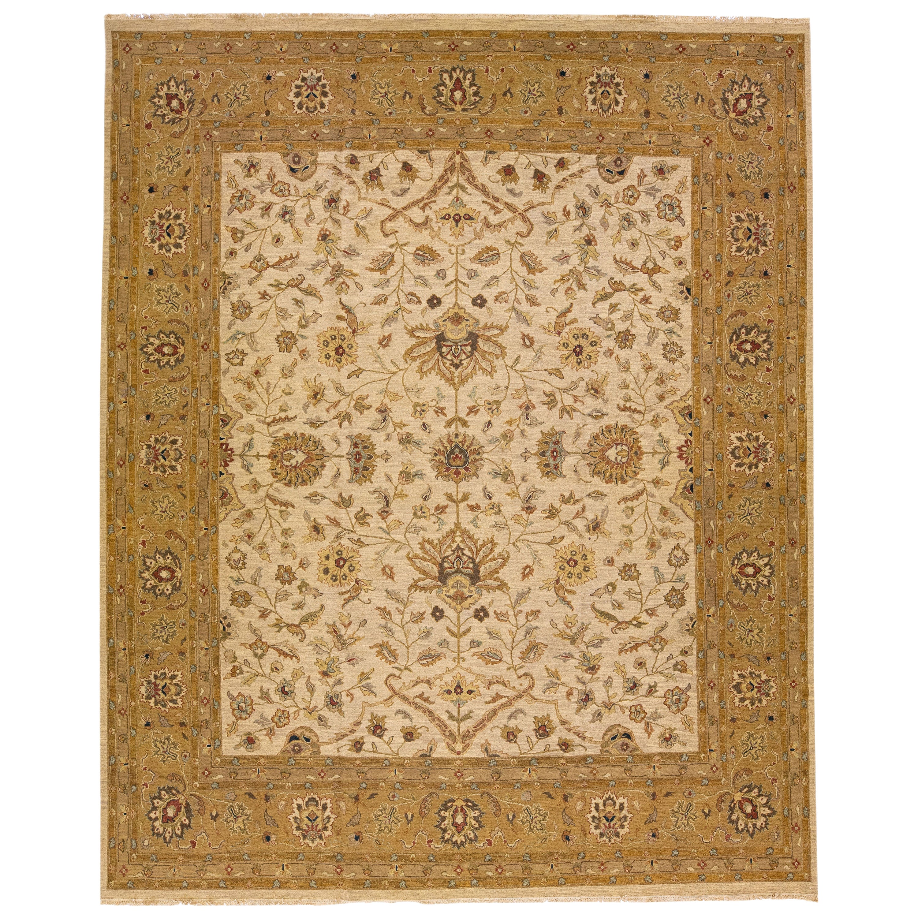 Tappeto di lana oversize di design moderno Peshawar fatto a mano in beige