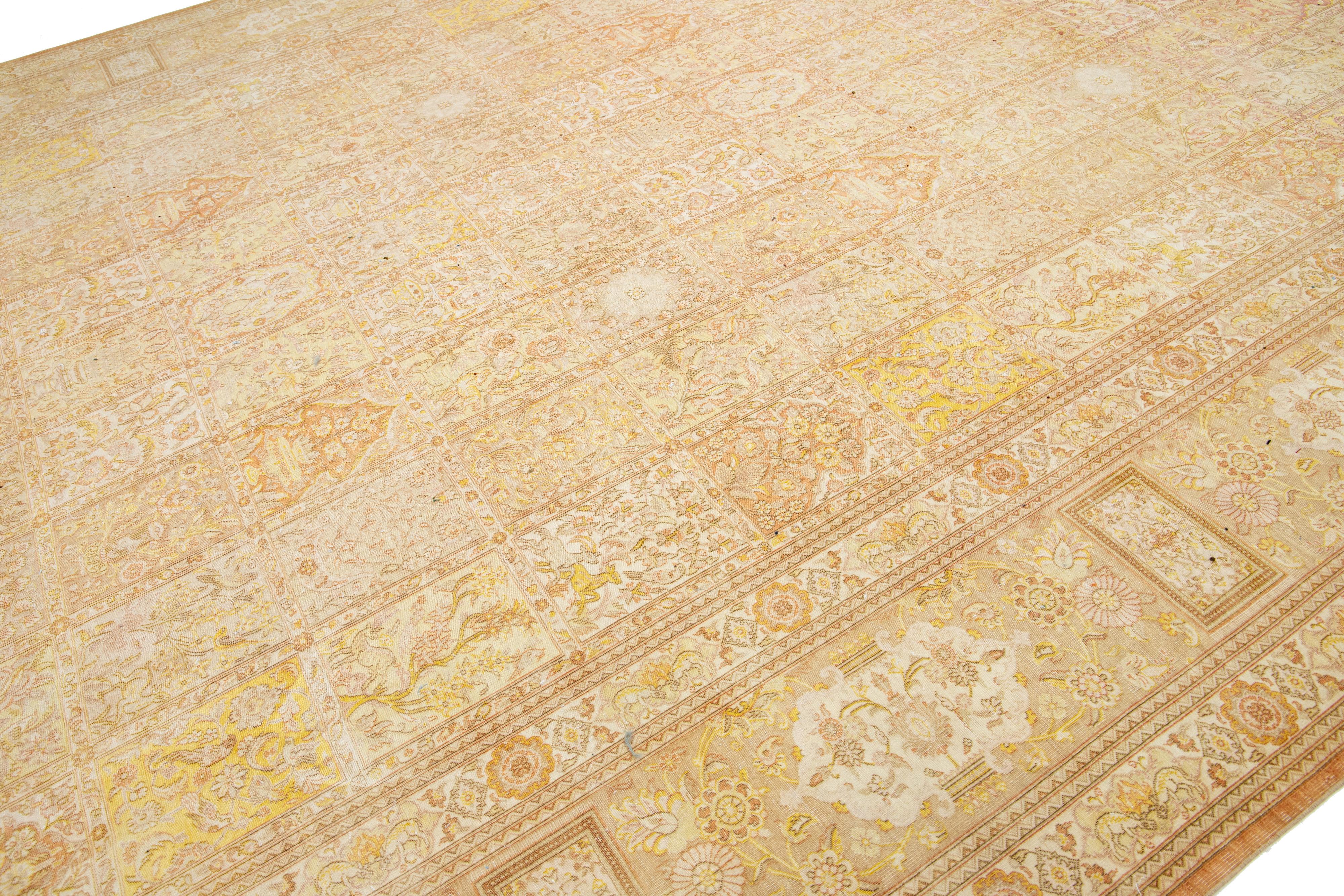 Hand-Knotted Designed Persian Tabriz Beige Wool Rug Handcrafted From 1910s  For Sale