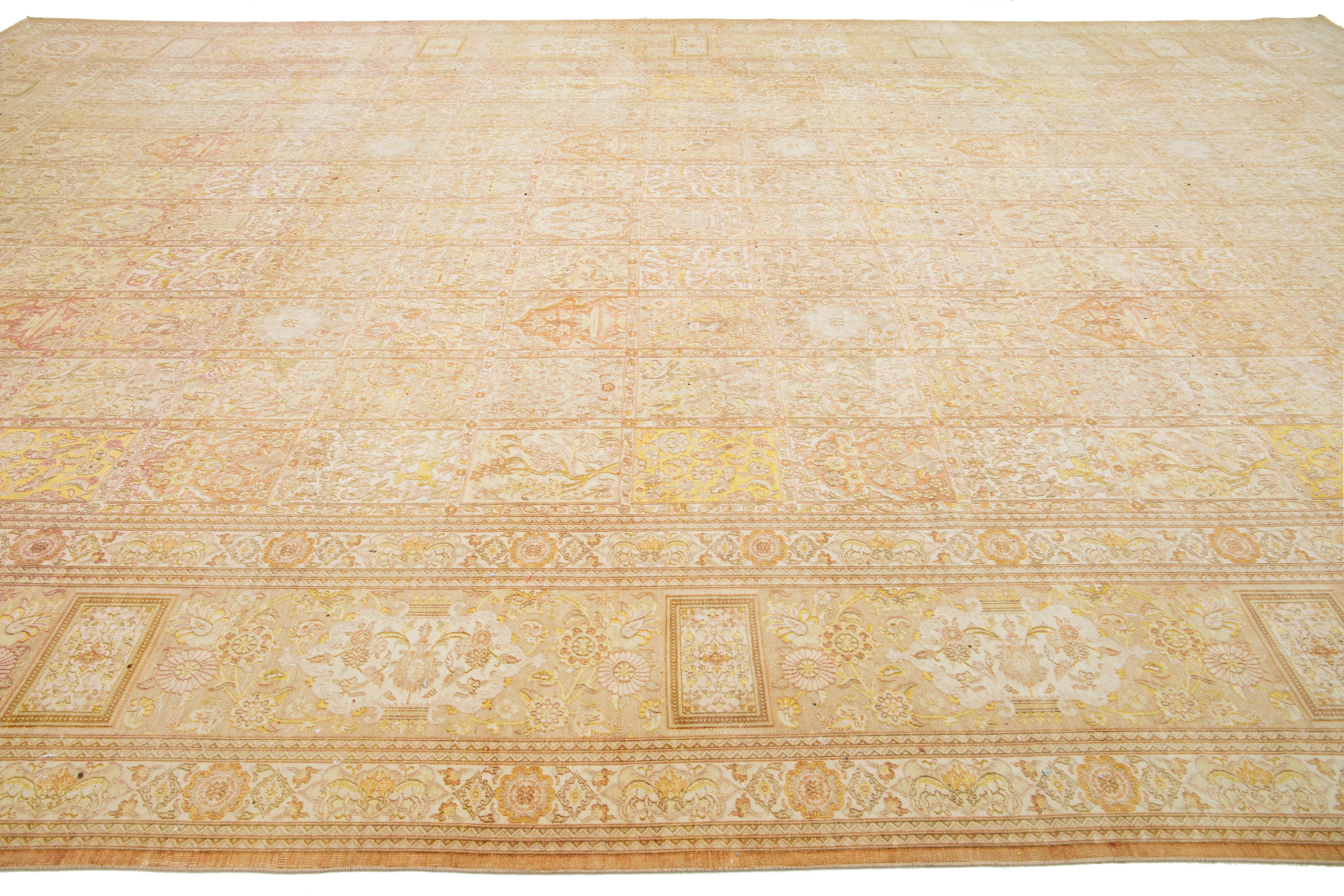 20th Century Designed Persian Tabriz Beige Wool Rug Handcrafted From 1910s  For Sale