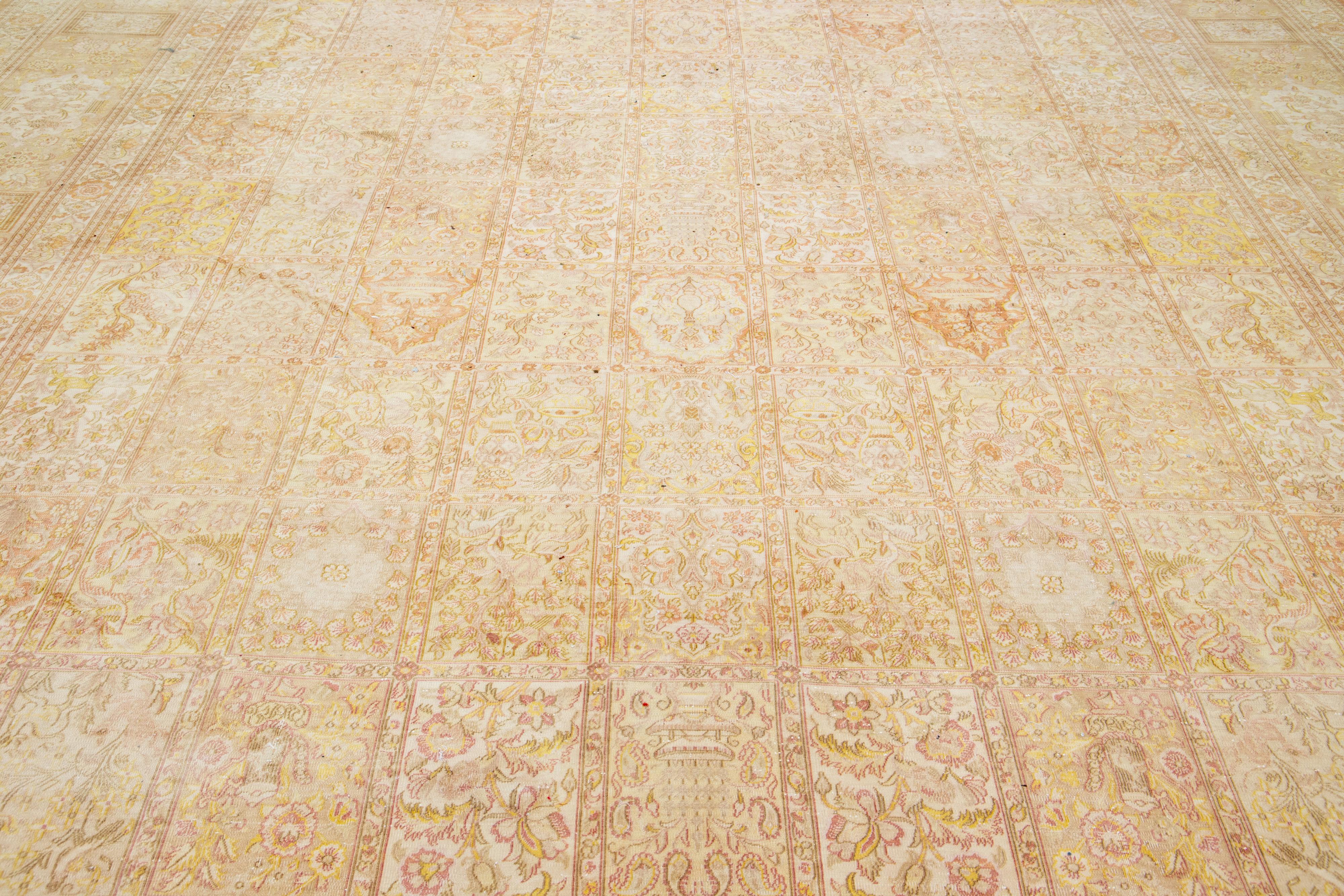 Designed Persian Tabriz Beige Wool Rug Handcrafted From 1910s  For Sale 1