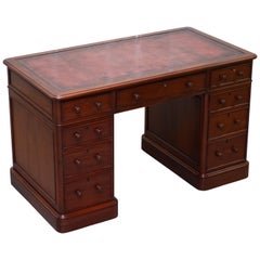 Vintage Designed to House PC Cherrywood Oxblood Leather Top Twin Pedestal Partner Desk