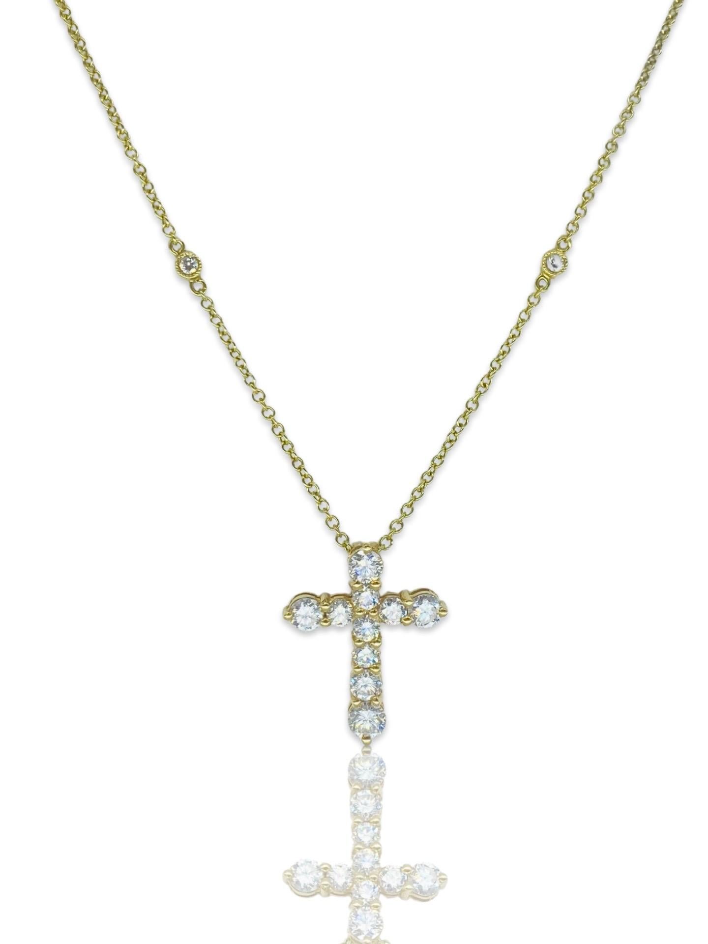 Designer 1.00 Carat Diamonds By The Yard Cross Pendant Necklace 18k Gold. The pendant features F-G/VS+ natural earth mined diamonds with a total carat weight of 0.86 (stamped on back of pendant) the necklace features 0.14tcw diamonds natural and