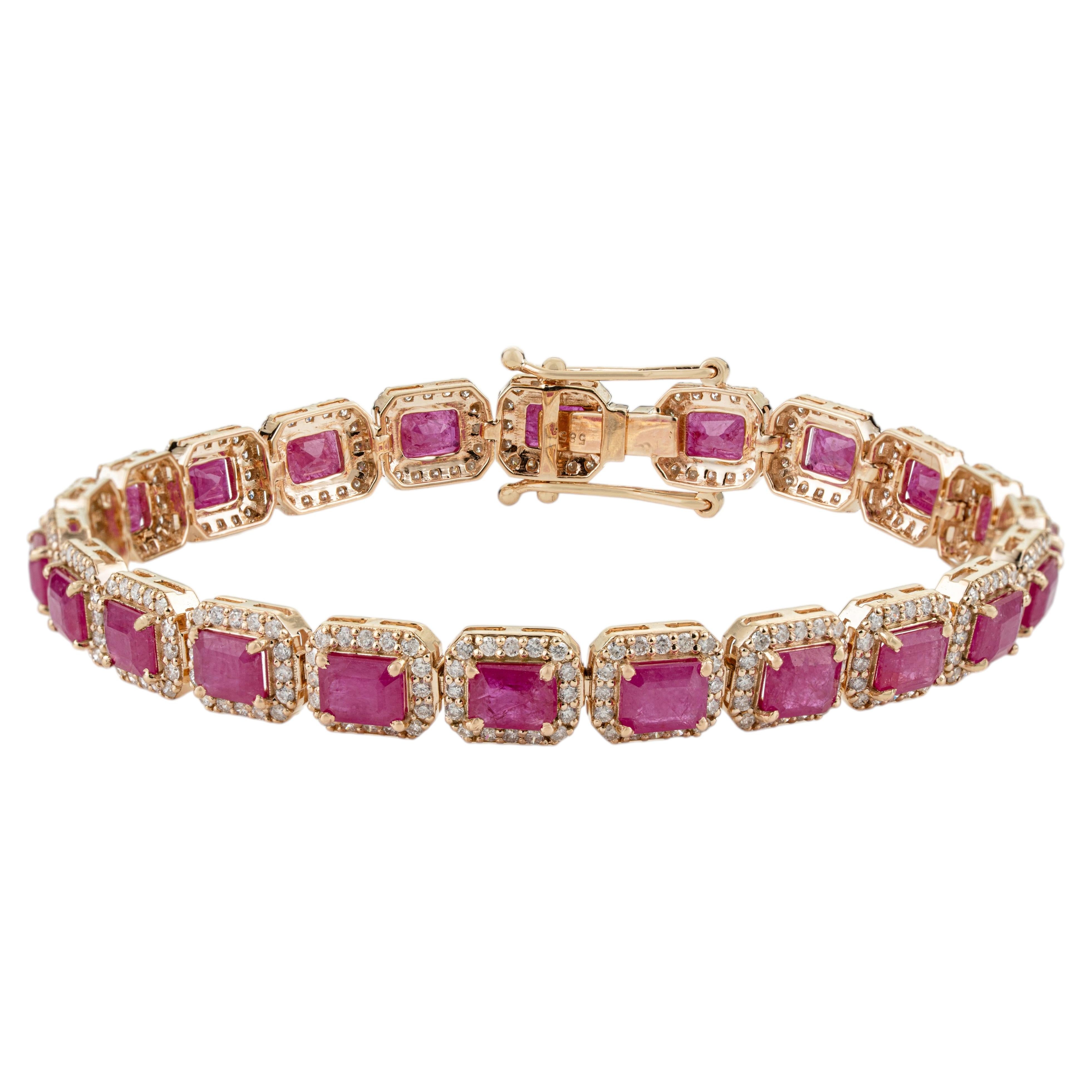 Designer 10.4ct Ruby & 2.11ct Diamond Geometric Link Tennis Bracelet in 14K Gold For Sale