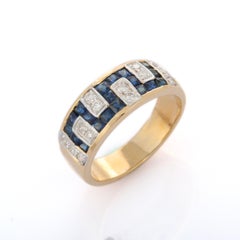 Greek Style Blue Sapphire and Diamond Band Ring 14k Solid Yellow Gold