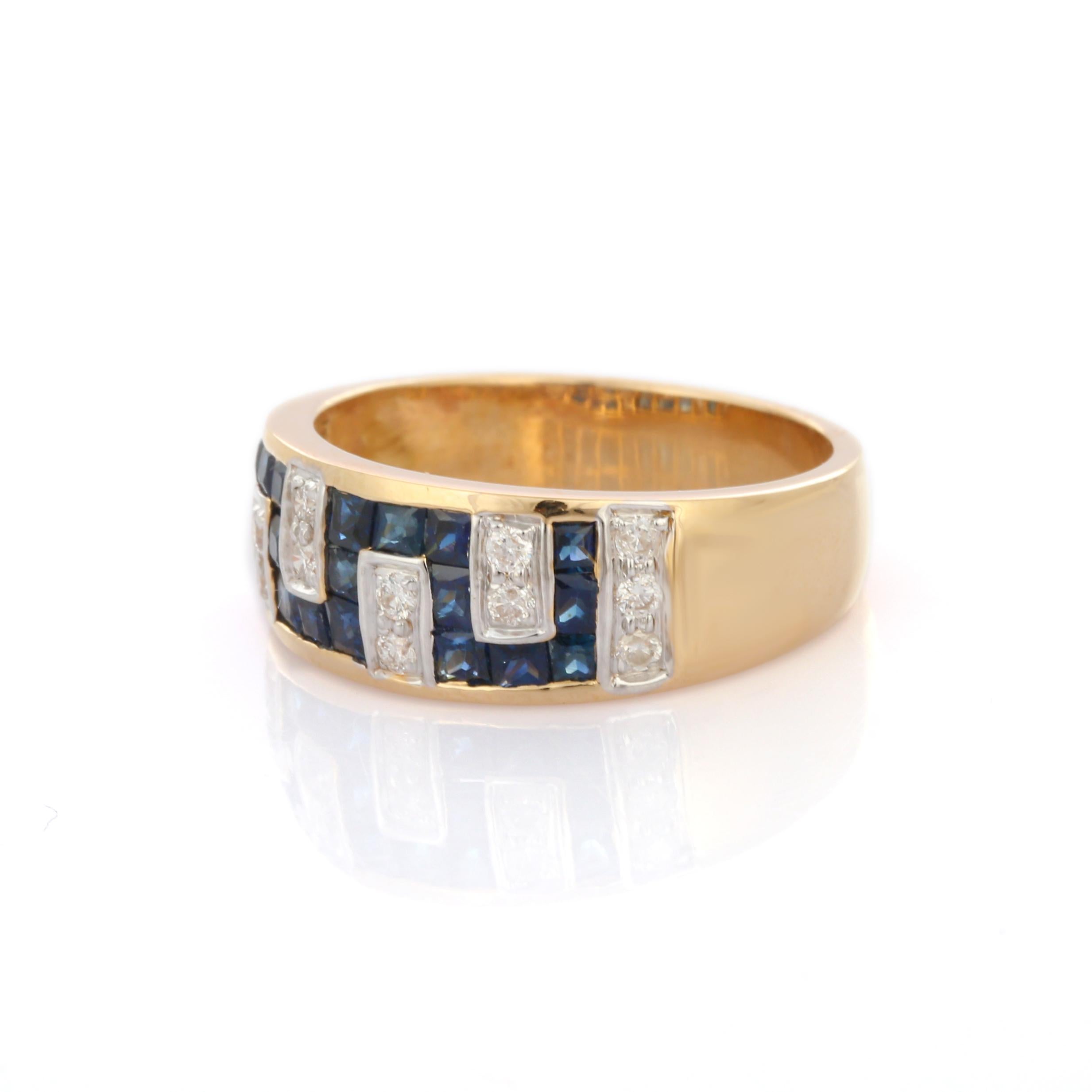For Sale:  Greek Style Blue Sapphire and Diamond Unisex Band Ring 14k Solid Yellow Gold 3