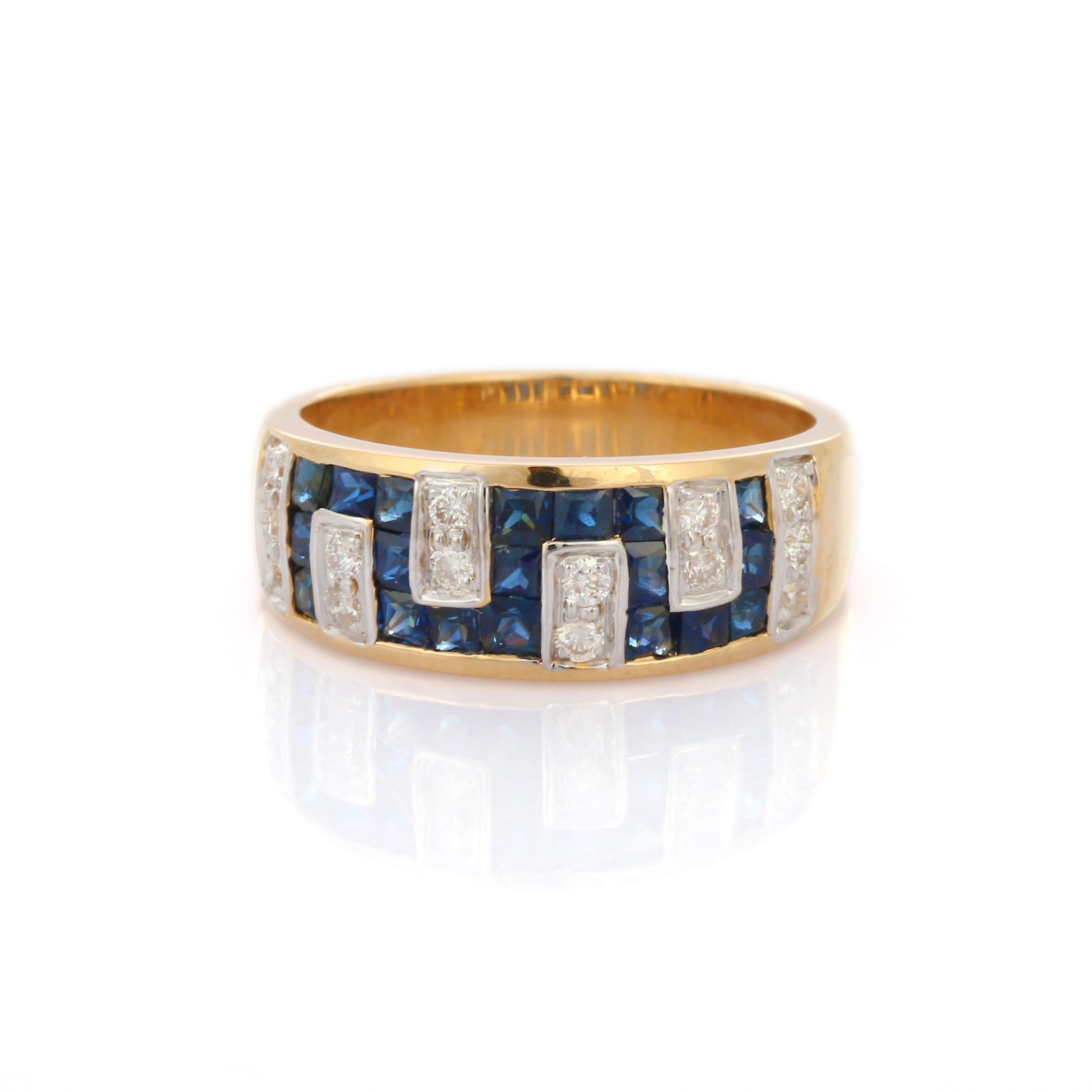 For Sale:  Greek Style Blue Sapphire and Diamond Unisex Band Ring 14k Solid Yellow Gold 5