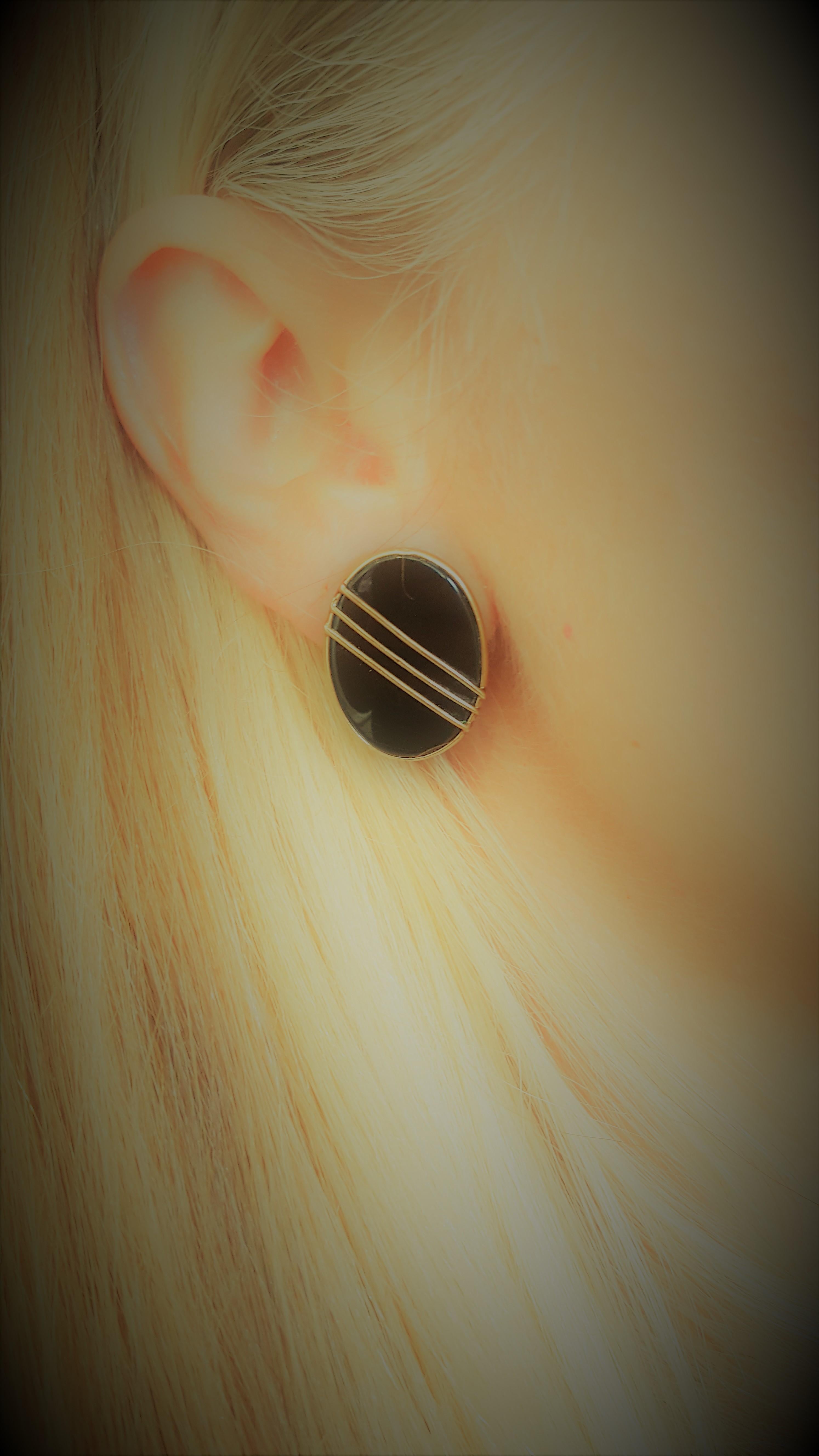 Modern Designer 14 Karat Yellow Gold Friction Post Earrings with Oval Black Onyx Inlay For Sale