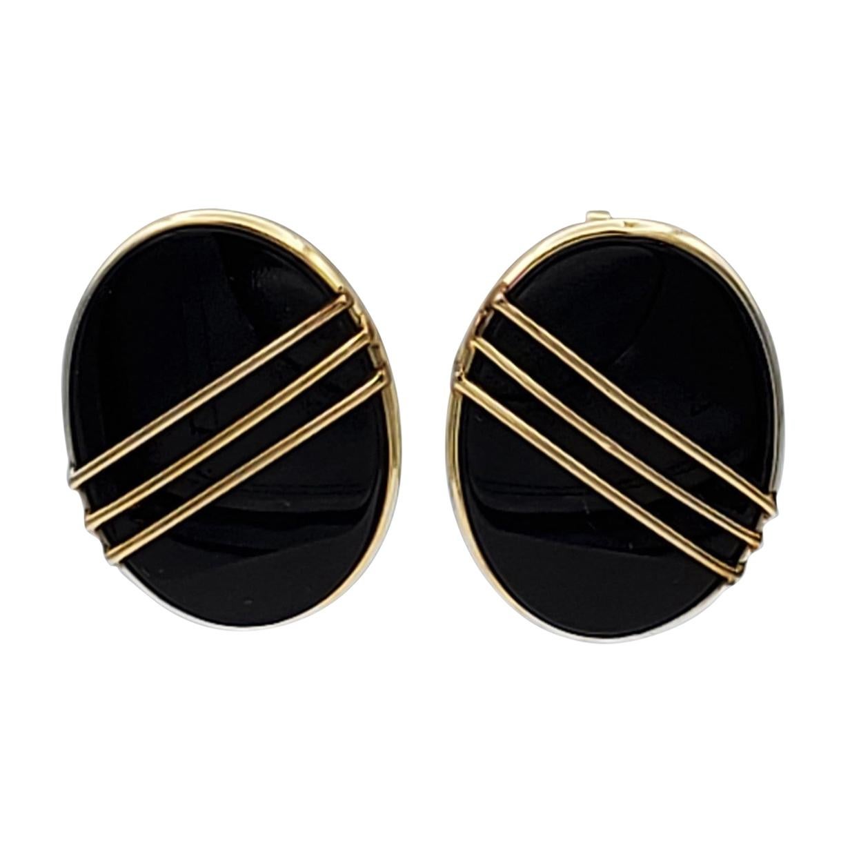Designer 14 Karat Yellow Gold Friction Post Earrings with Oval Black Onyx Inlay For Sale