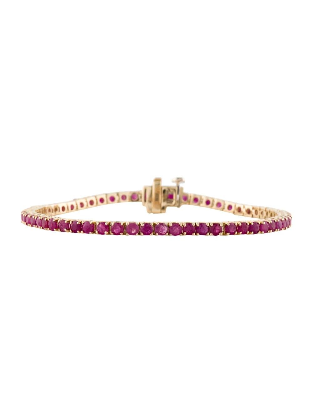 Elevate your wrist with this stunning 14K Yellow Gold Ruby Tennis Bracelet, boasting a remarkable 6.43 Carat Round Modified Brilliant Ruby. Crafted with meticulous attention to detail, this bracelet exudes elegance and