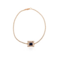 Designer 14k Solid Rose Gold Blue Sapphire and Halo Diamond Chain Bracelet