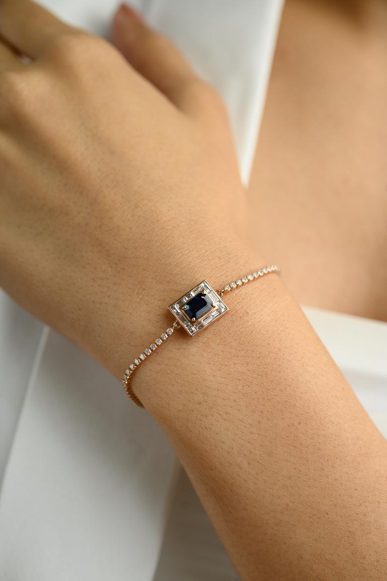 Octagon Cut Designer 14k Solid Rose Gold Blue Sapphire and Halo Diamond Chain Bracelet For Sale