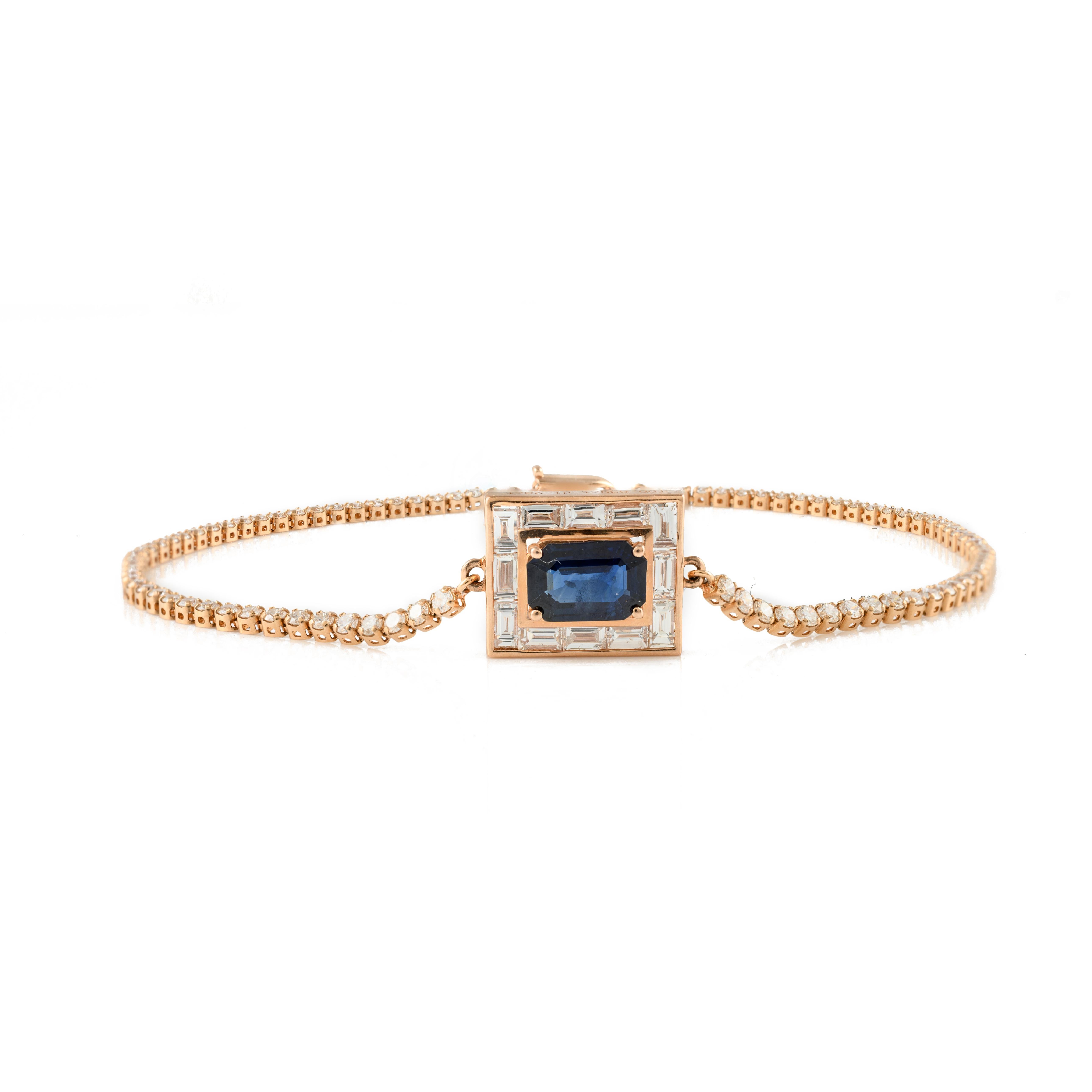 Designer 14k Solid Rose Gold Blue Sapphire and Halo Diamond Chain Bracelet In New Condition For Sale In Houston, TX