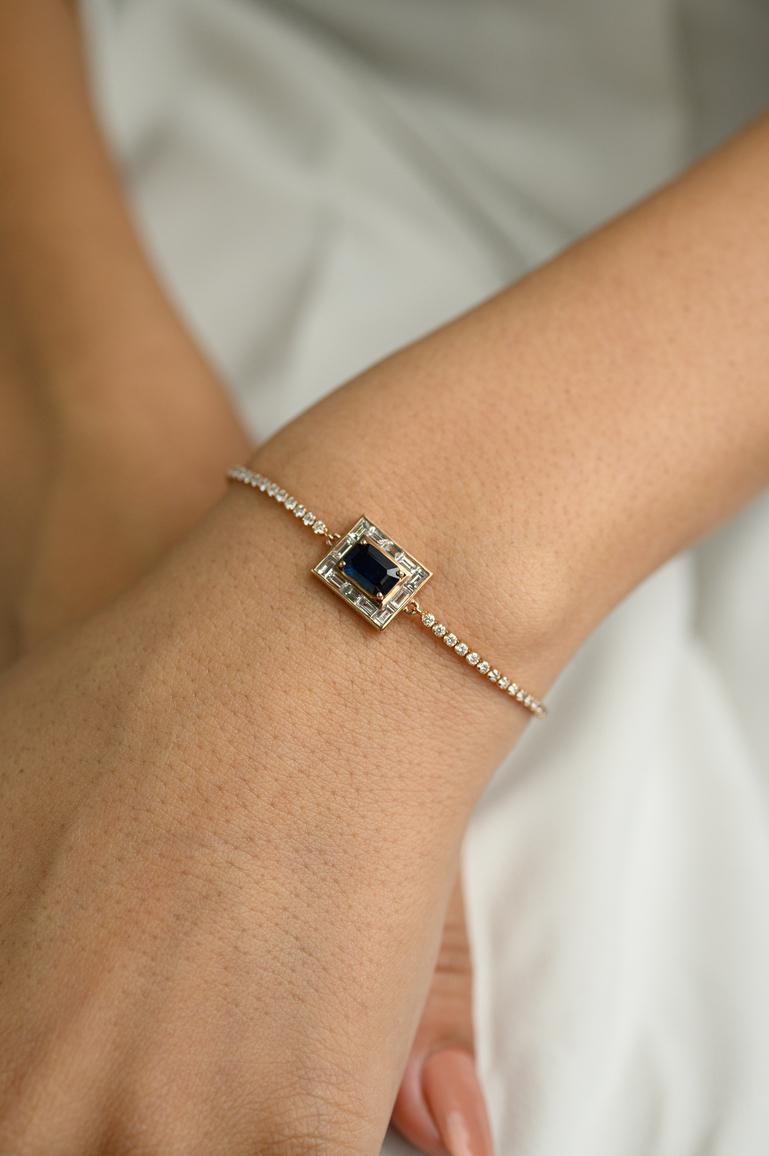 Women's Designer 14k Solid Rose Gold Blue Sapphire and Halo Diamond Chain Bracelet For Sale