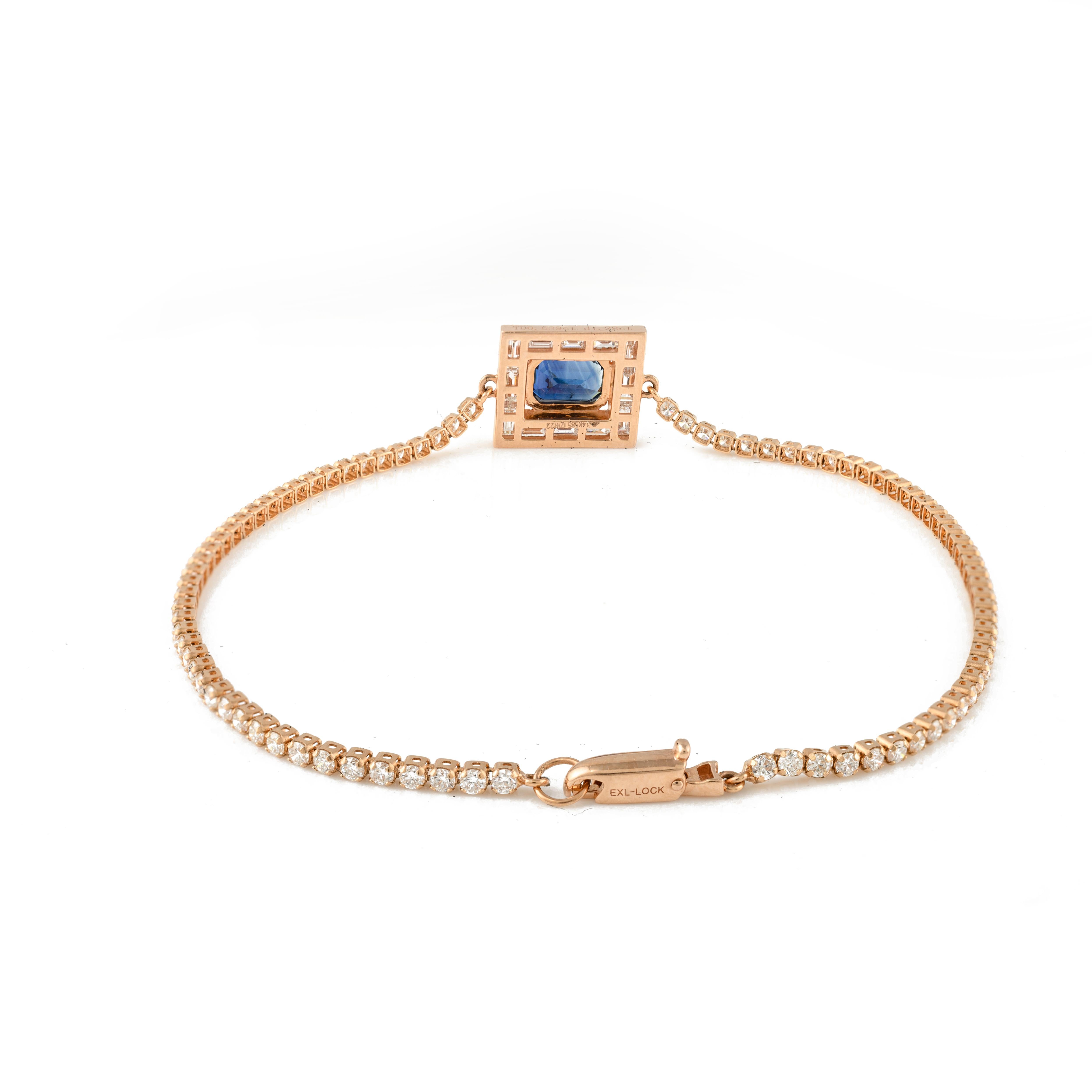 Designer 14k Solid Rose Gold Blue Sapphire and Halo Diamond Chain Bracelet For Sale 1