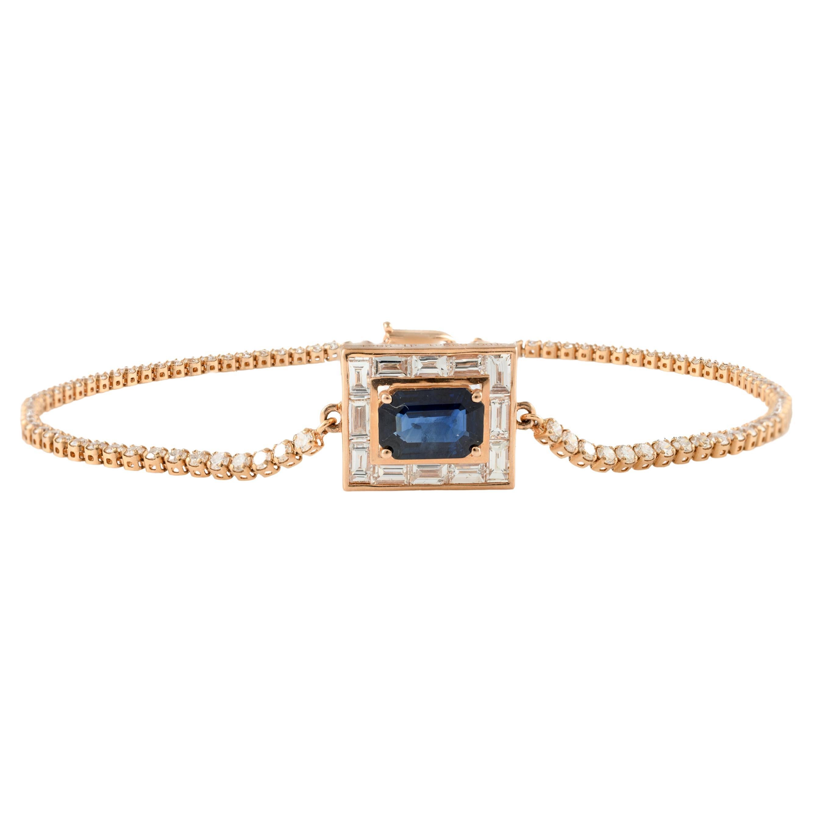 Designer 14k Solid Rose Gold Blue Sapphire and Halo Diamond Chain Bracelet For Sale