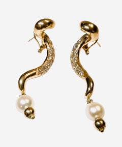 Pendientes Omega de oro amarillo de 14 quilates, 1,50 quilates, diamantes y perlas