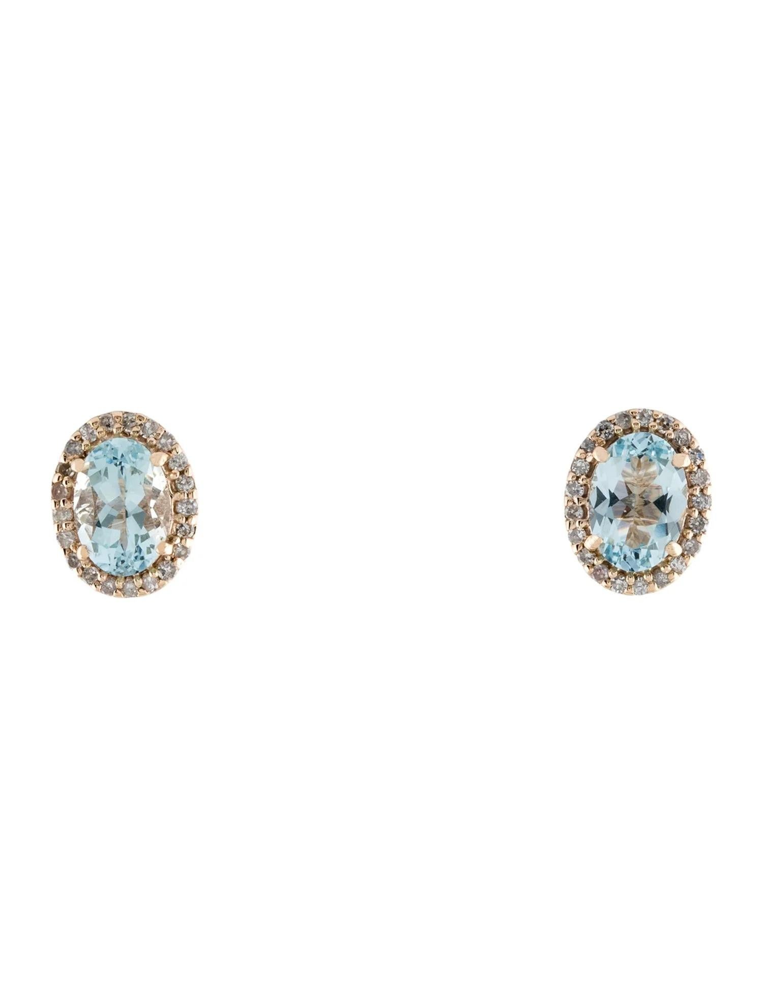 Artist Designer 14K Yellow Gold Aquamarine & Diamond Stud Earrings, Oval Cut For Sale