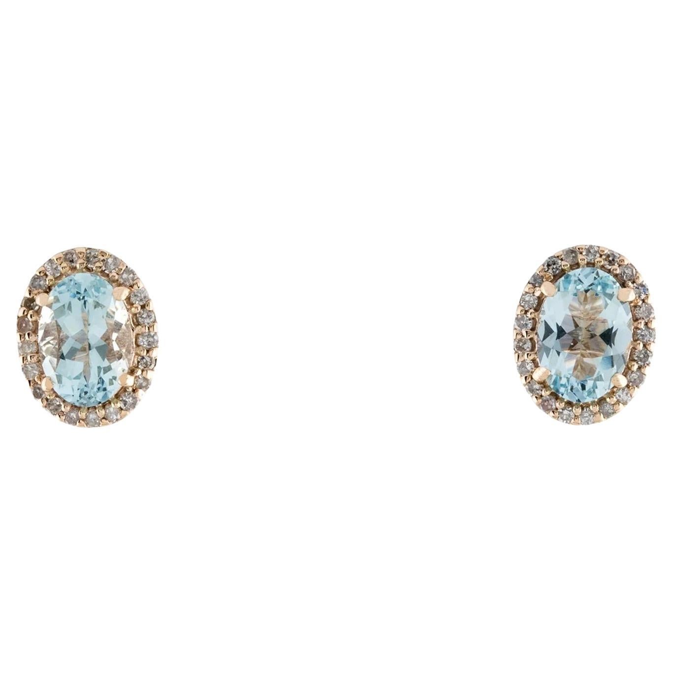 Designer 14K Yellow Gold Aquamarine & Diamond Stud Earrings, Oval Cut For Sale