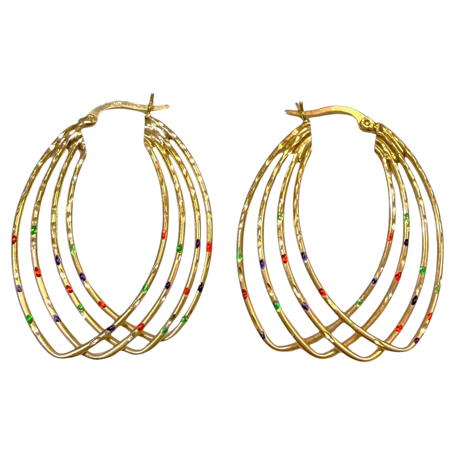 Designer 14K Yellow Gold Multistrand Multi-colored Hoop Earrings For Sale