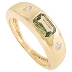 Anello a cupola unisex in oro giallo 14 carati con zaffiro verde e diamanti
