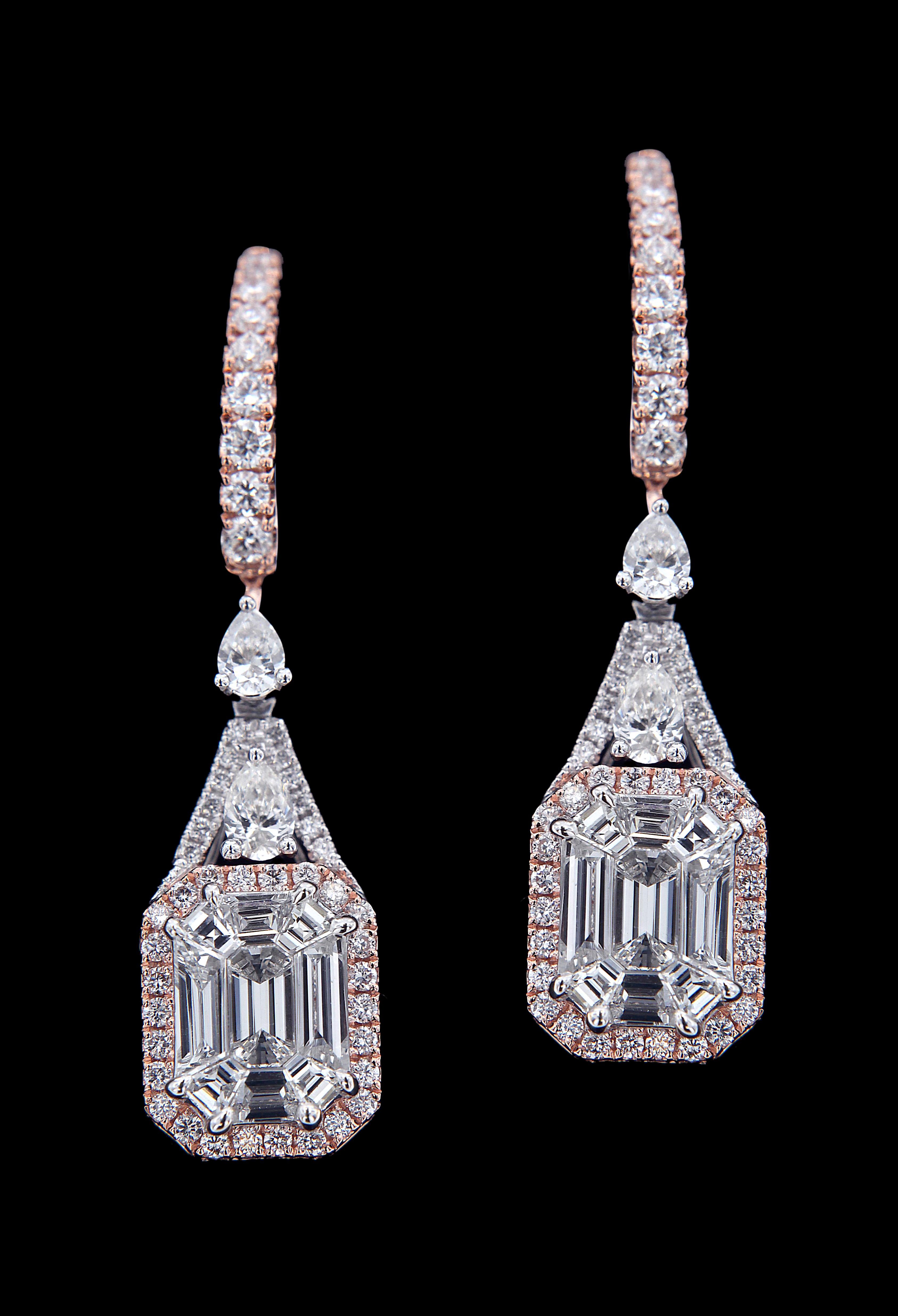Emerald Cut Designer 18 Karat Pink Gold and Diamond Earrings For Sale