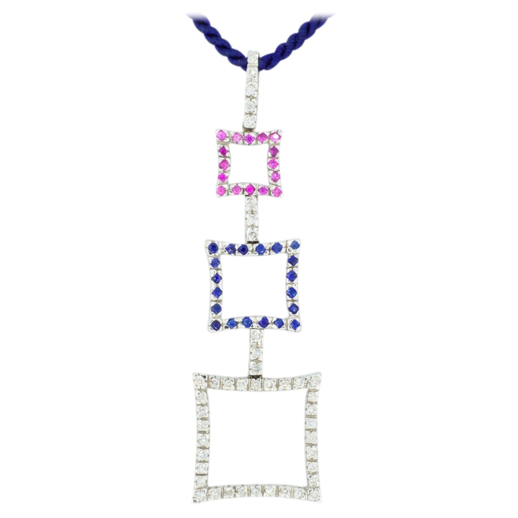 Anhänger aus 18 Karat Weißgold mit Diamanten, rosa Saphiren und blauem Saphiren, 15 Zoll, neu