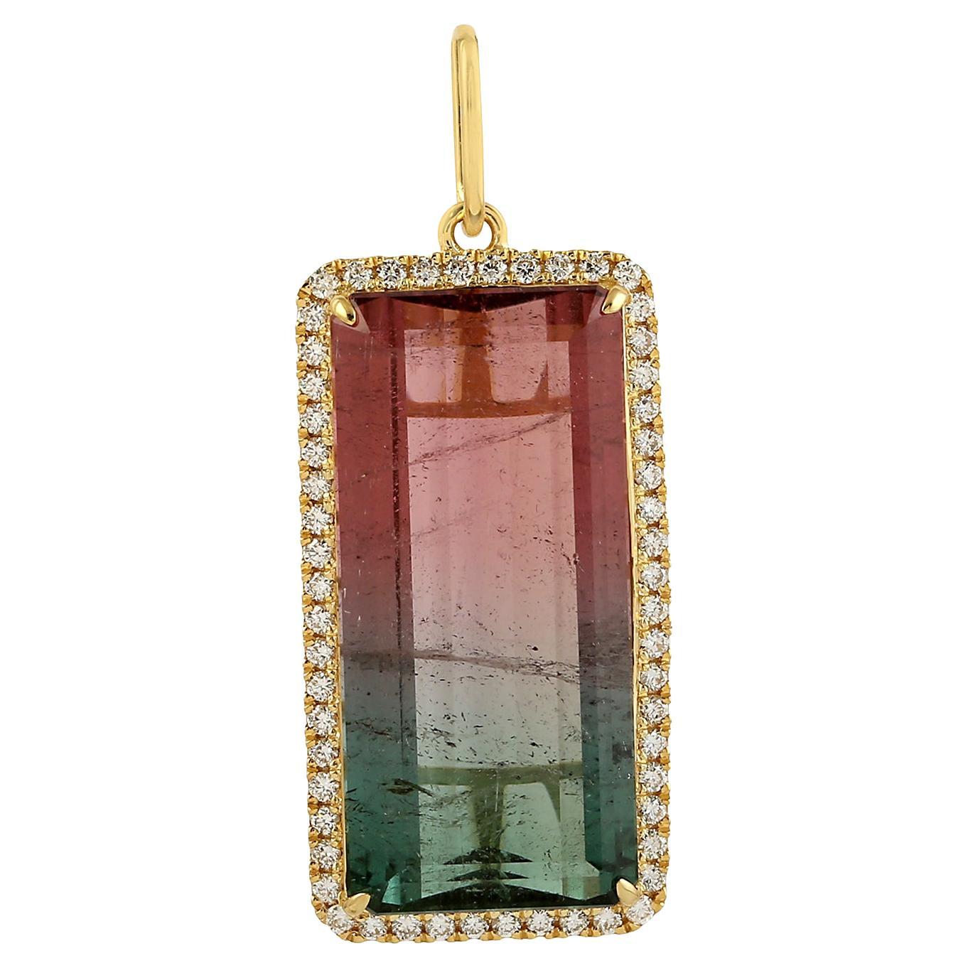 Luxury 18k Bi-Color Tourmaline Pendant Surrounded By White Diamonds For Sale