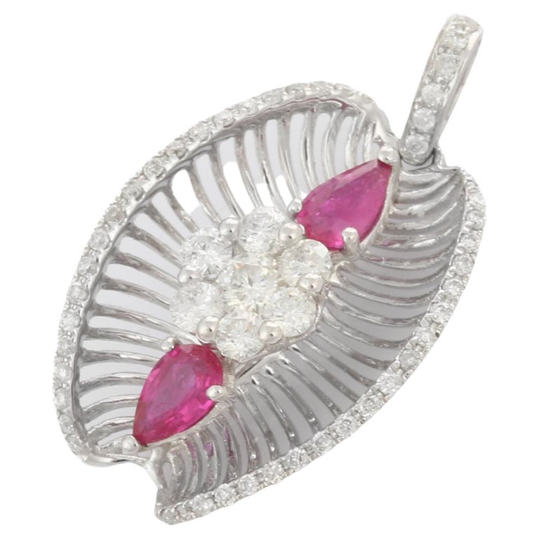Designer 18K White Gold Pendant with Natural Ruby and Cluster of