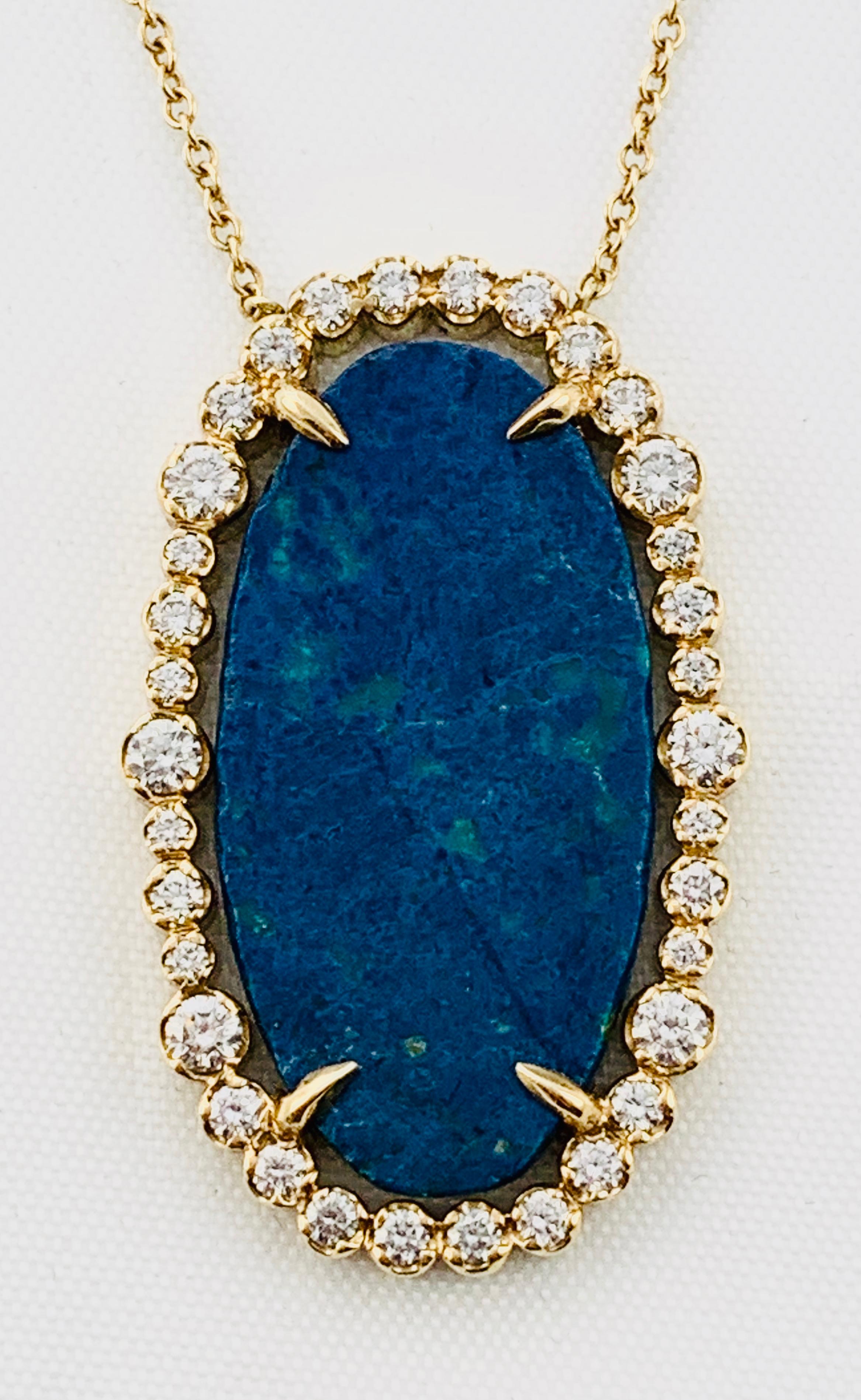 Women's Designer 18 Karat Yellow Gold Diamond and Azurite Necklace