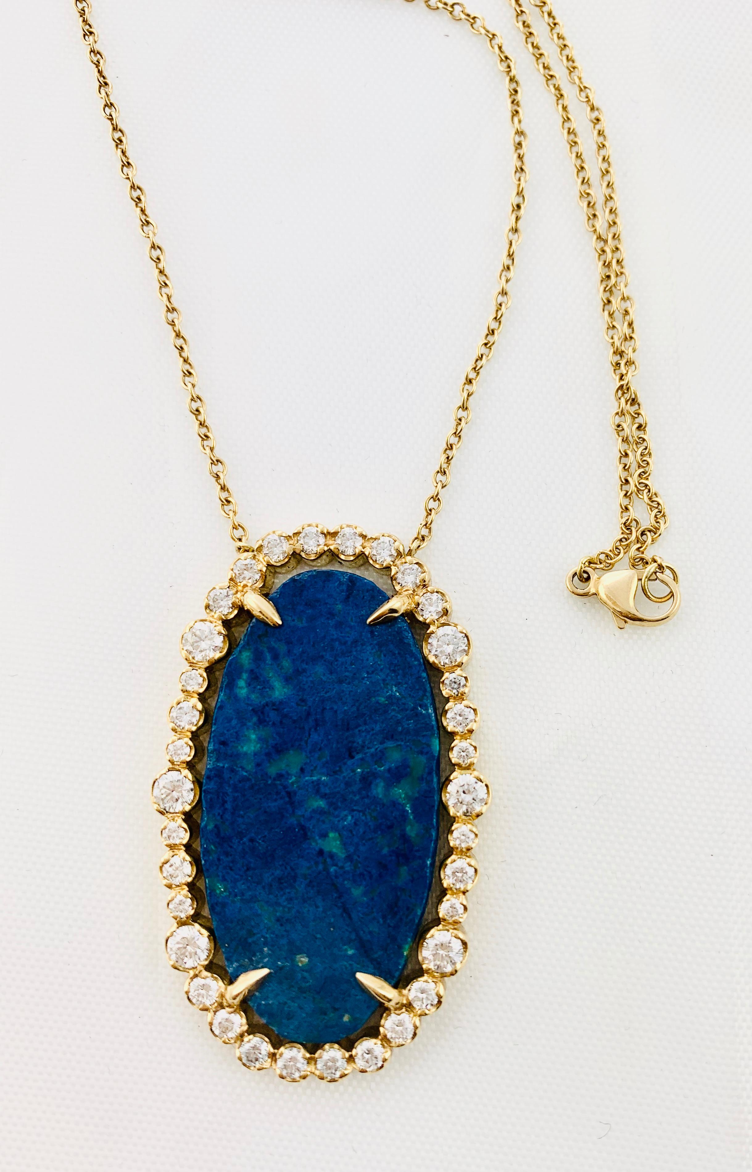 Designer 18 Karat Yellow Gold Diamond and Azurite Necklace 2