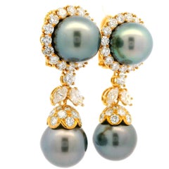 Designer 18k Yellow Gold Gia Tahitian Pearls & Diamonds Drop Dangle Earrings
