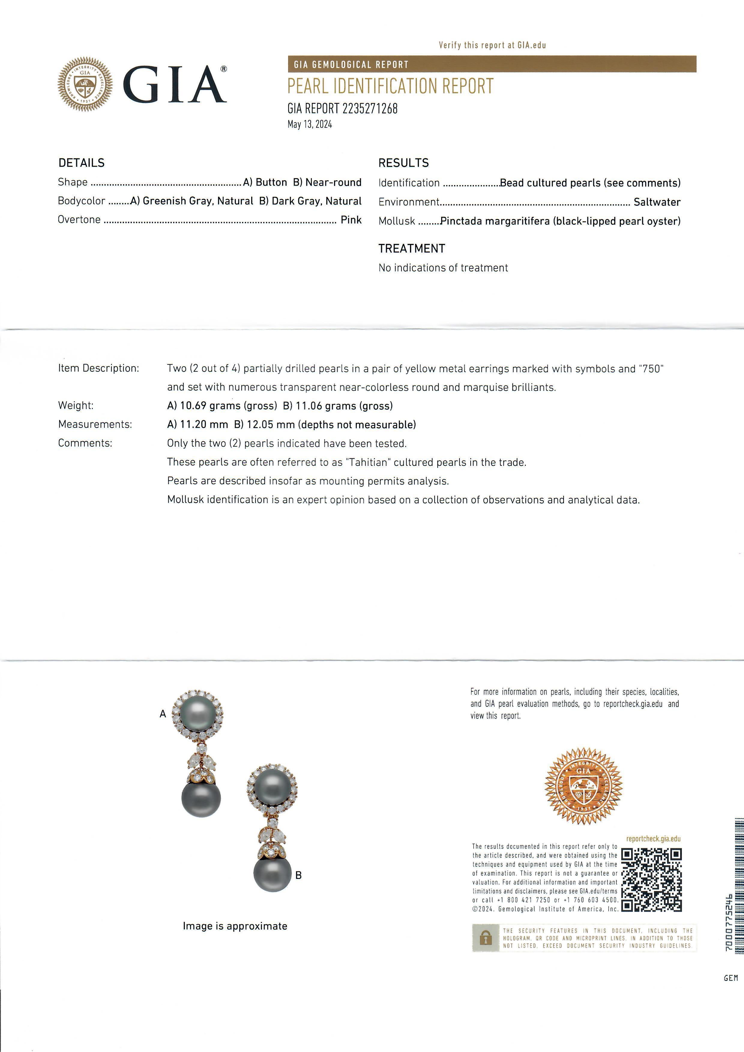 Orecchini pendenti con perle di Tahiti e diamanti in oro giallo 18 carati di design GIA in vendita 2