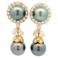 Designer 18k Yellow Gold Gia Tahitian Pearls & Diamonds Drop Dangle Earrings