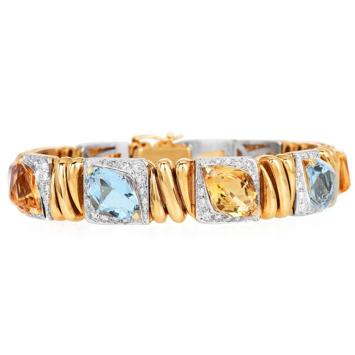Taille ovale Bracelet de créateur en or jaune et blanc 18K, citrine, topaze et diamant - 24.30ct Gem en vente