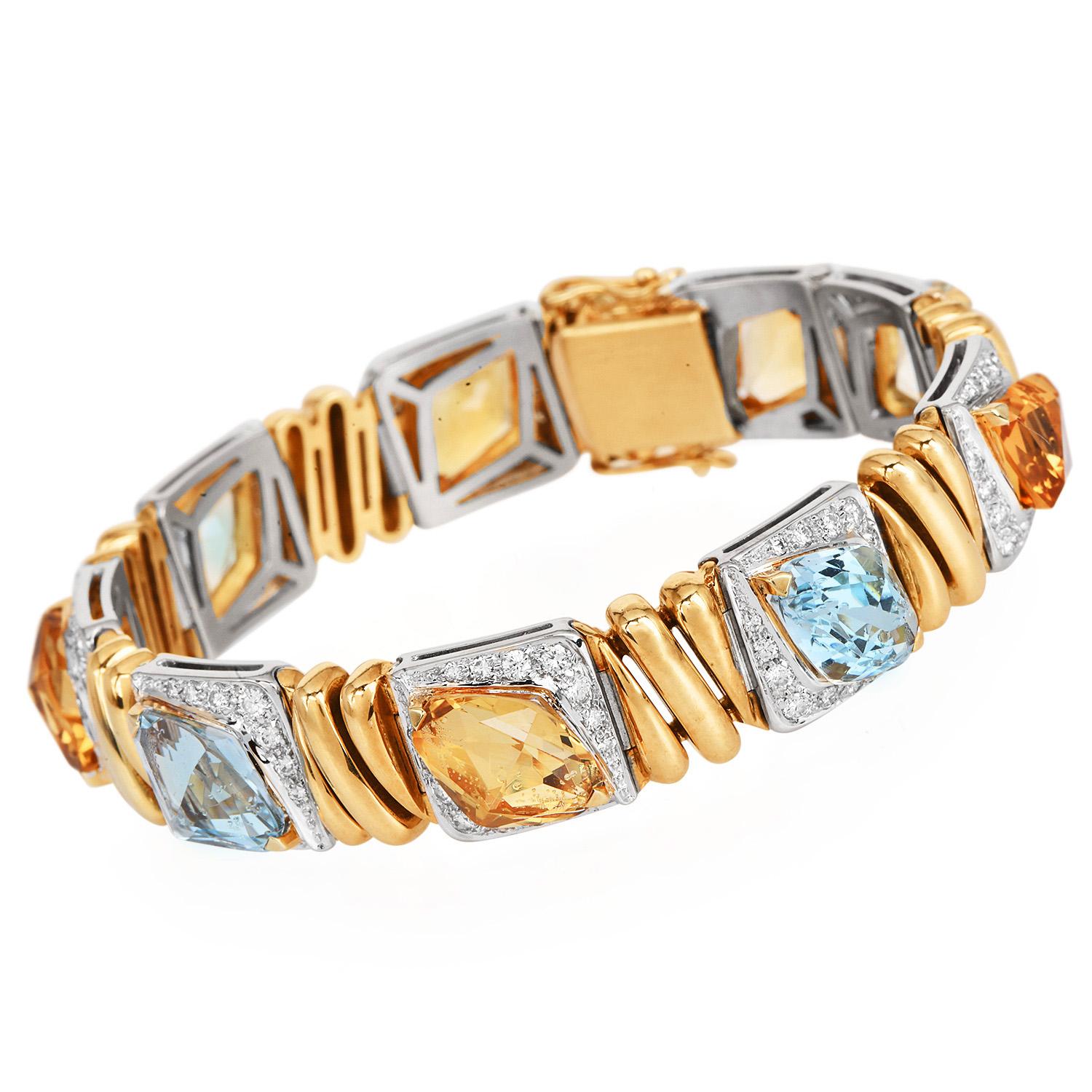 Bracelet de créateur en or jaune et blanc 18K, citrine, topaze et diamant - 24.30ct Gem Excellent état - En vente à Miami, FL