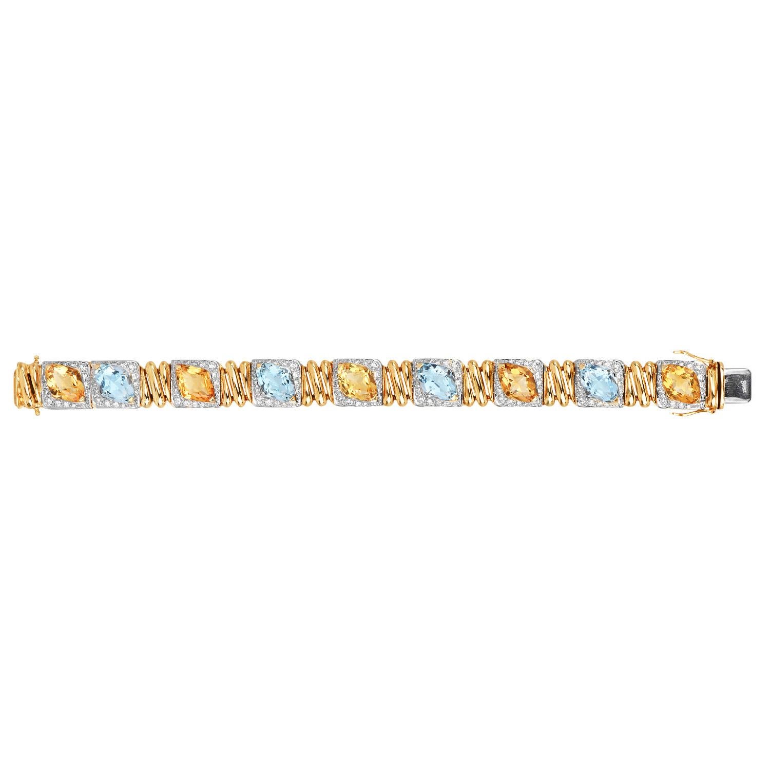 Bracelet de créateur en or jaune et blanc 18K, citrine, topaze et diamant - 24.30ct Gem en vente 1