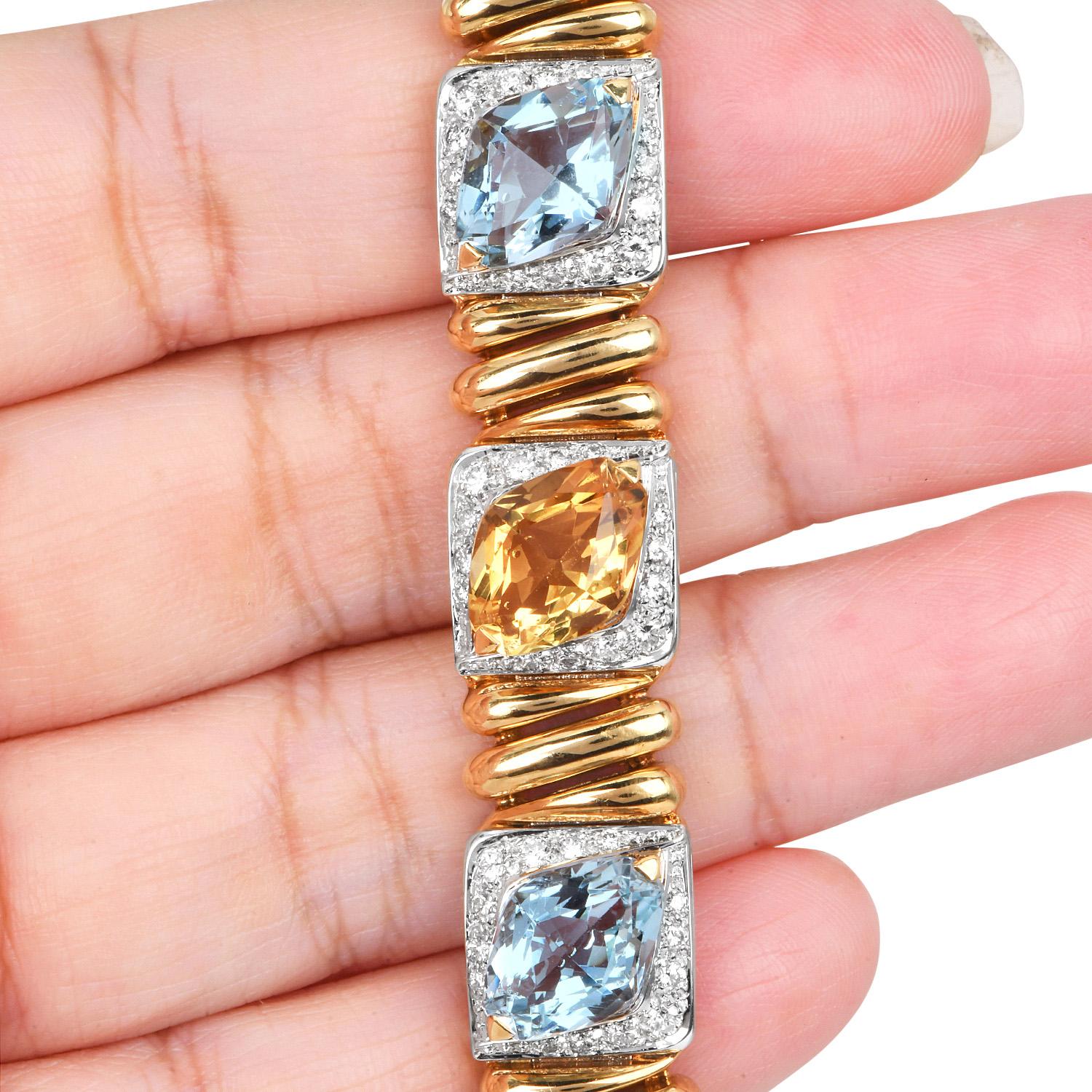 Bracelet de créateur en or jaune et blanc 18K, citrine, topaze et diamant - 24.30ct Gem en vente 2
