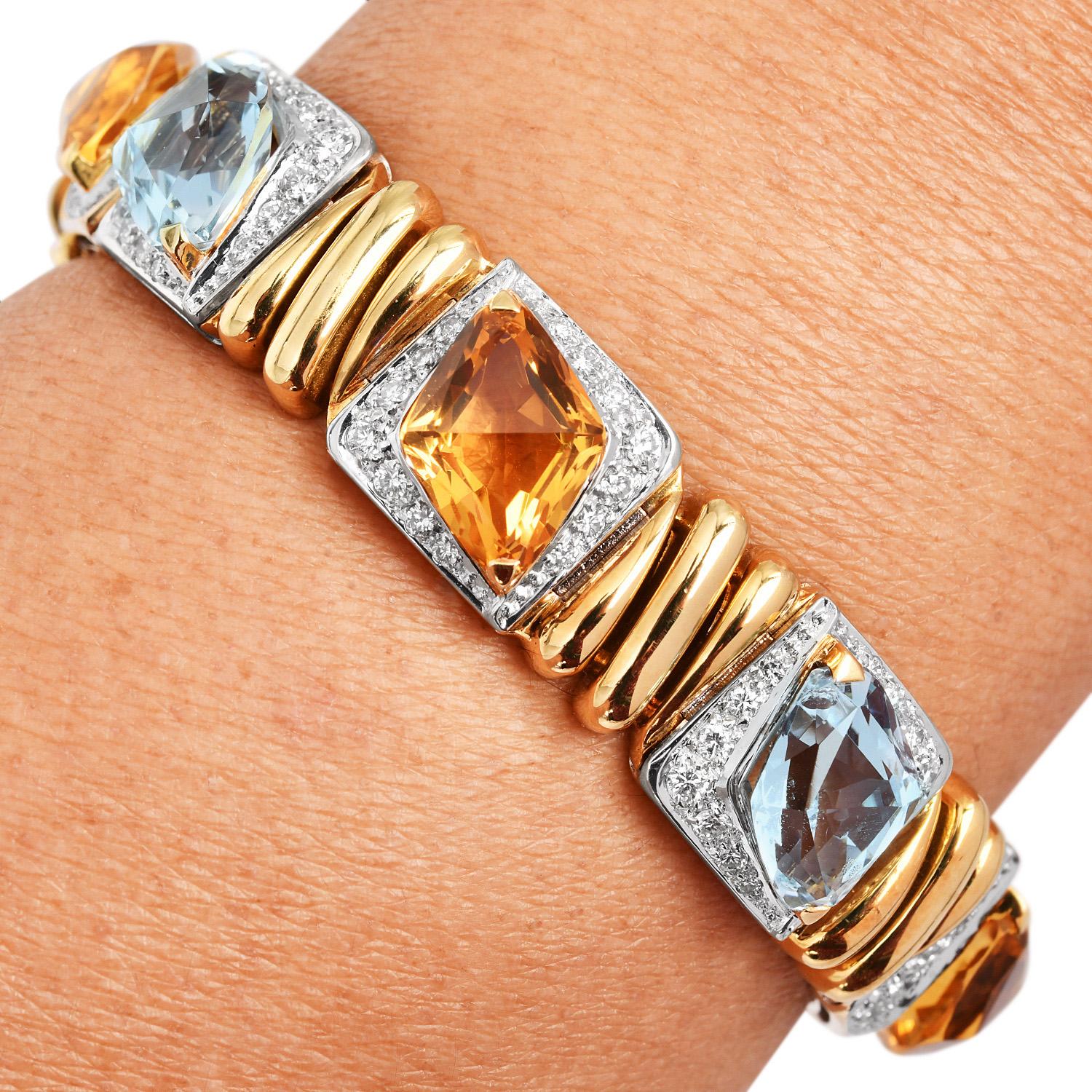 Bracelet de créateur en or jaune et blanc 18K, citrine, topaze et diamant - 24.30ct Gem en vente 3