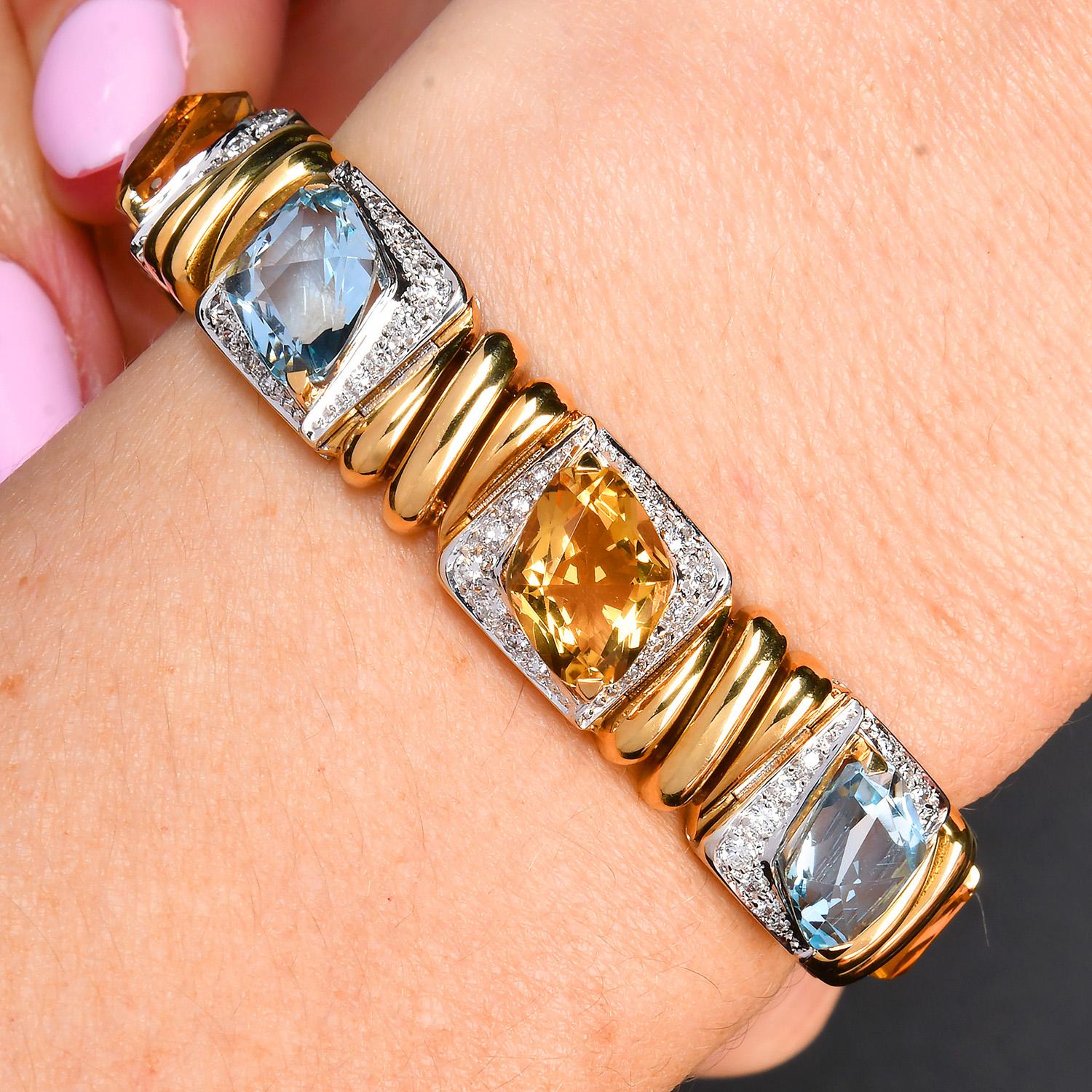 Bracelet de créateur en or jaune et blanc 18K, citrine, topaze et diamant - 24.30ct Gem en vente 4