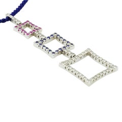 Pendentif en or blanc 18 carats avec diamants et saphirs roses et bleus, 15 pouces, neuf, designer 8,6 g