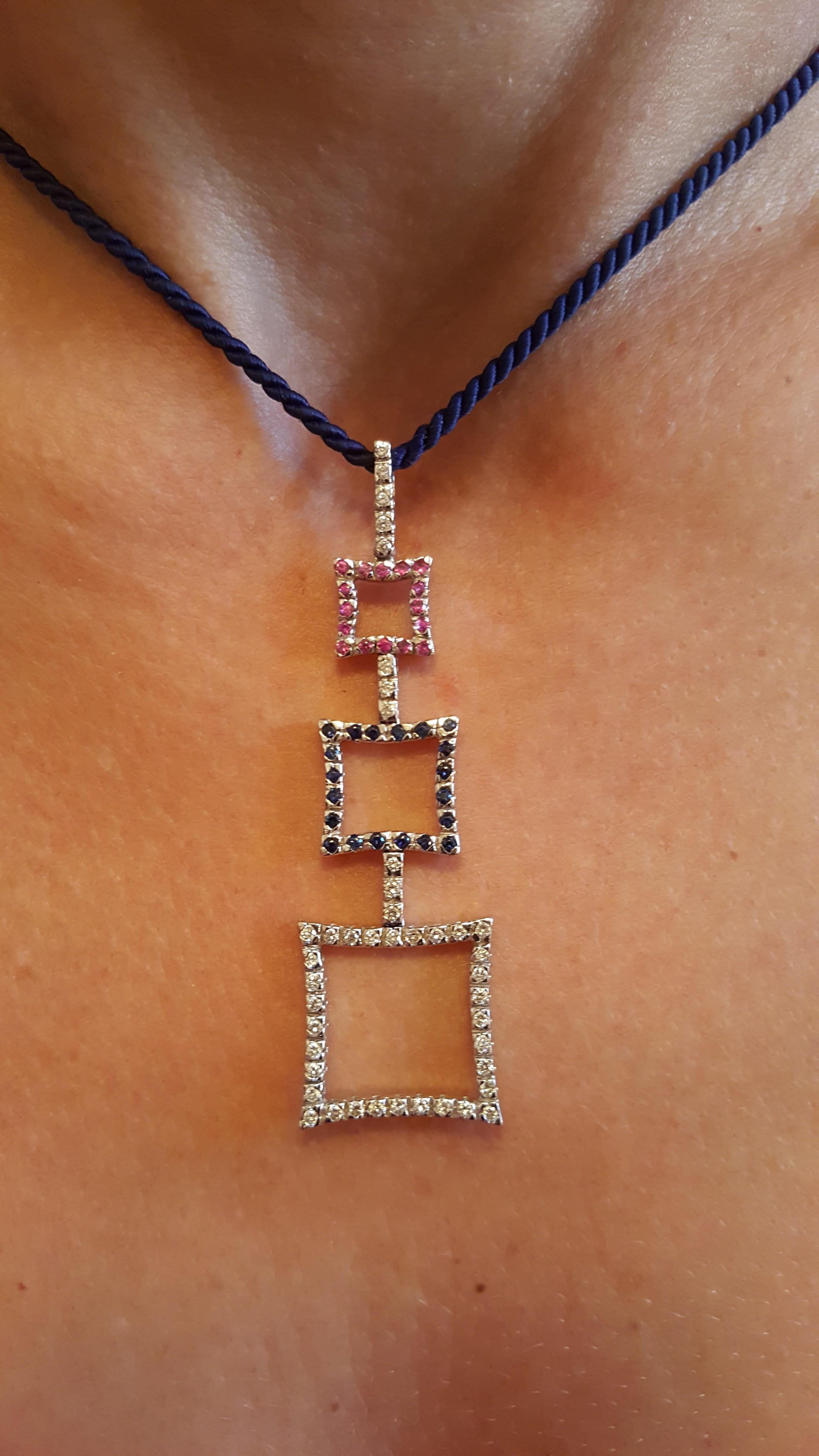 Contemporary 18kt White Gold Diamond, Pink Sapphire, and Blue Sapphire Pendant, 15 in, New For Sale