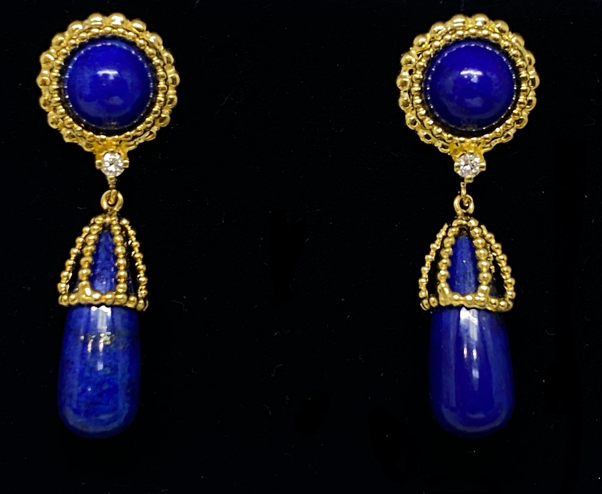 Designer 1970's CELLINO 18k Yellow Gold Lapis Lazuli & Diamond Drop Earrings 6