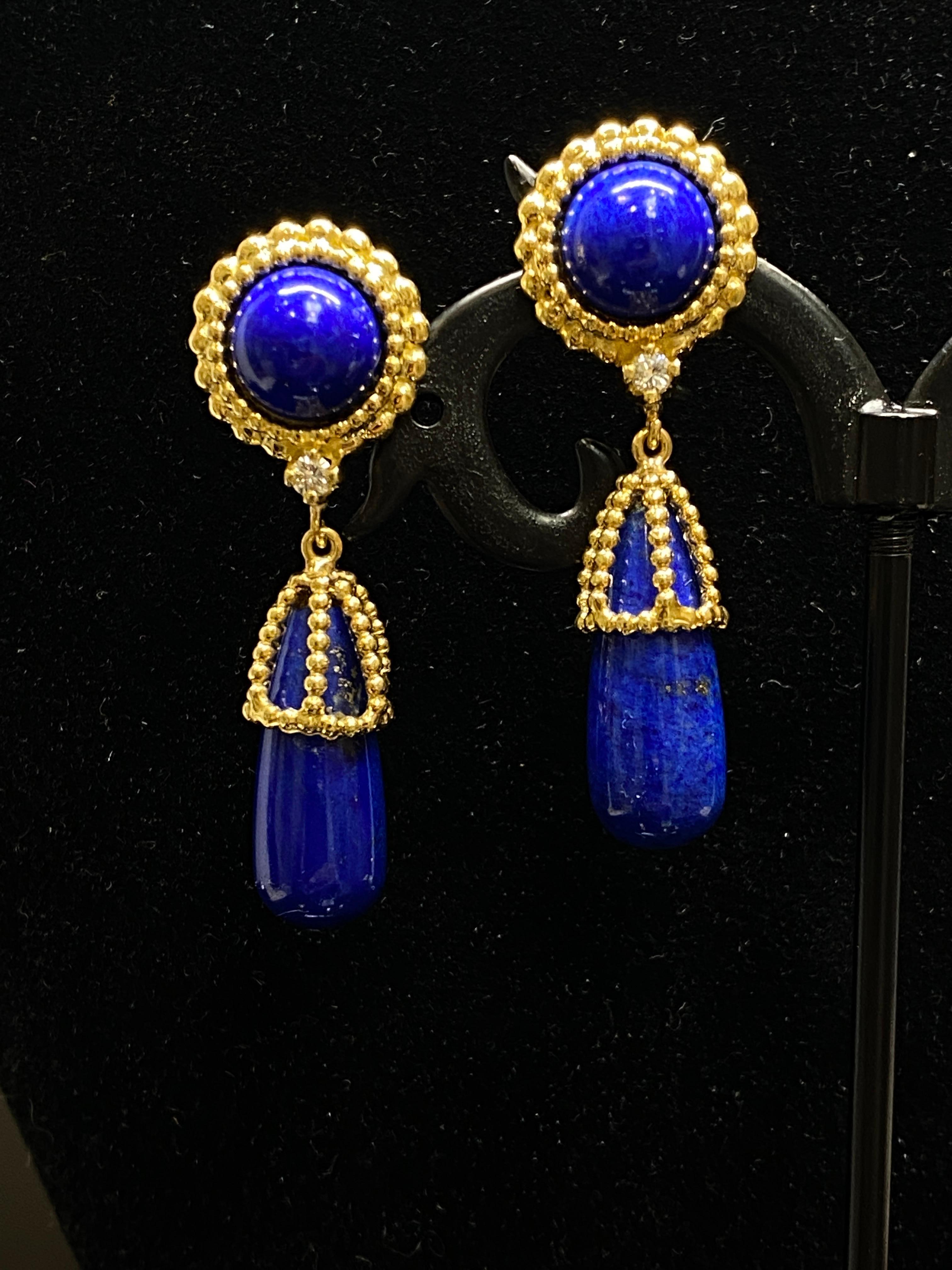 Brilliant Cut Designer 1970's CELLINO 18k Yellow Gold Lapis Lazuli & Diamond Drop Earrings