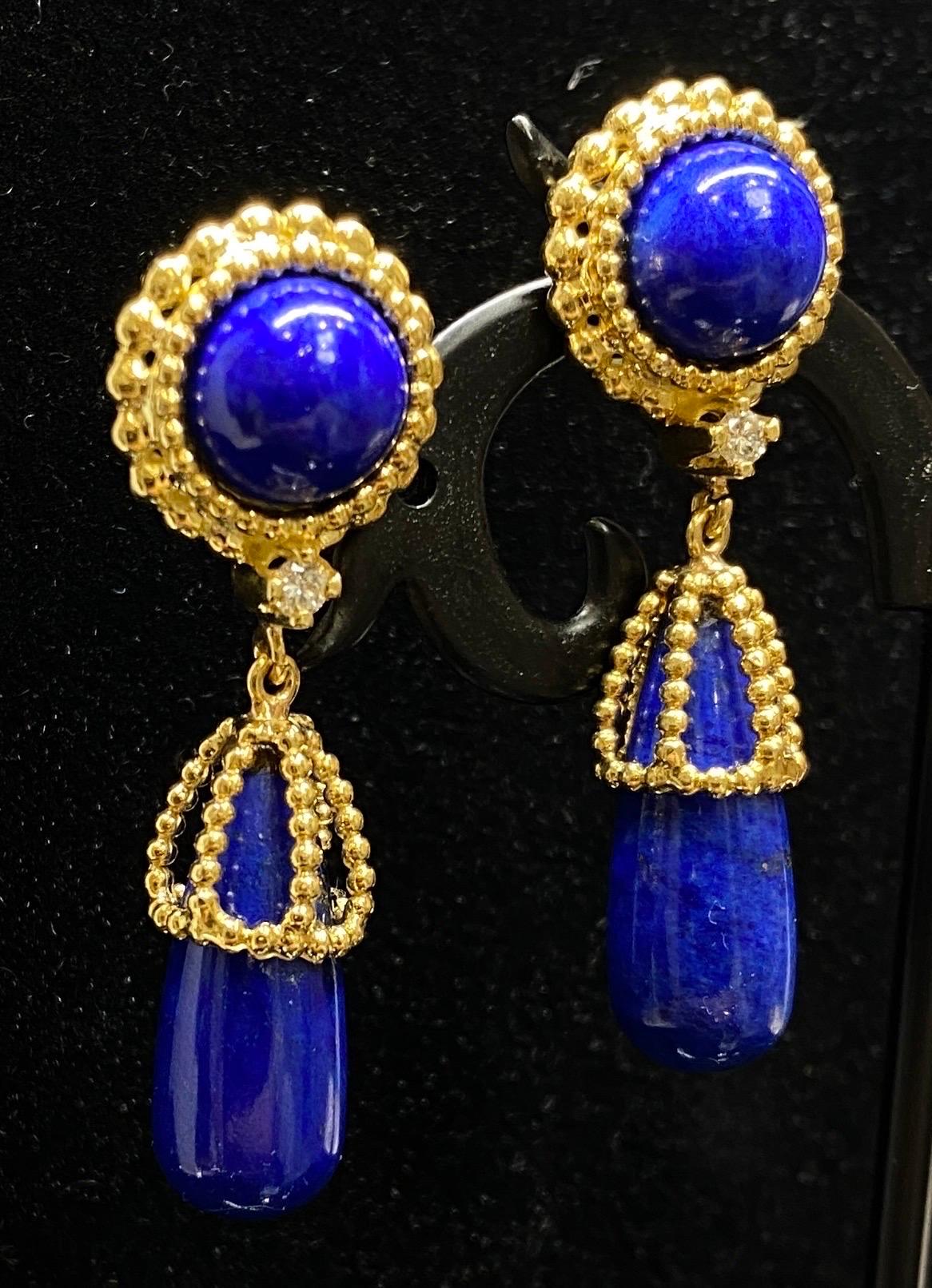 Designer 1970's CELLINO 18k Yellow Gold Lapis Lazuli & Diamond Drop Earrings In Good Condition In Bernardsville, NJ